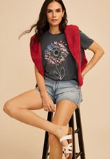 Americana Sunflower Flower Classic Fit Graphic Tee, BLACK, small