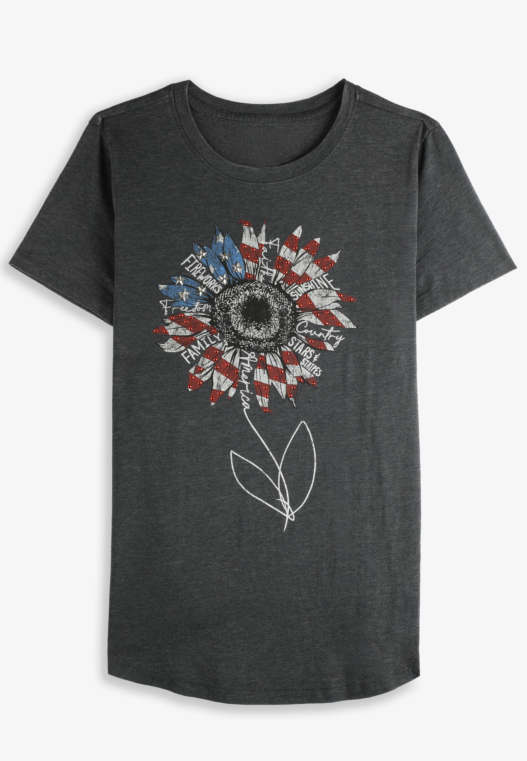 Americana Sunflower Flower Classic Fit Graphic Tee, BLACK, large