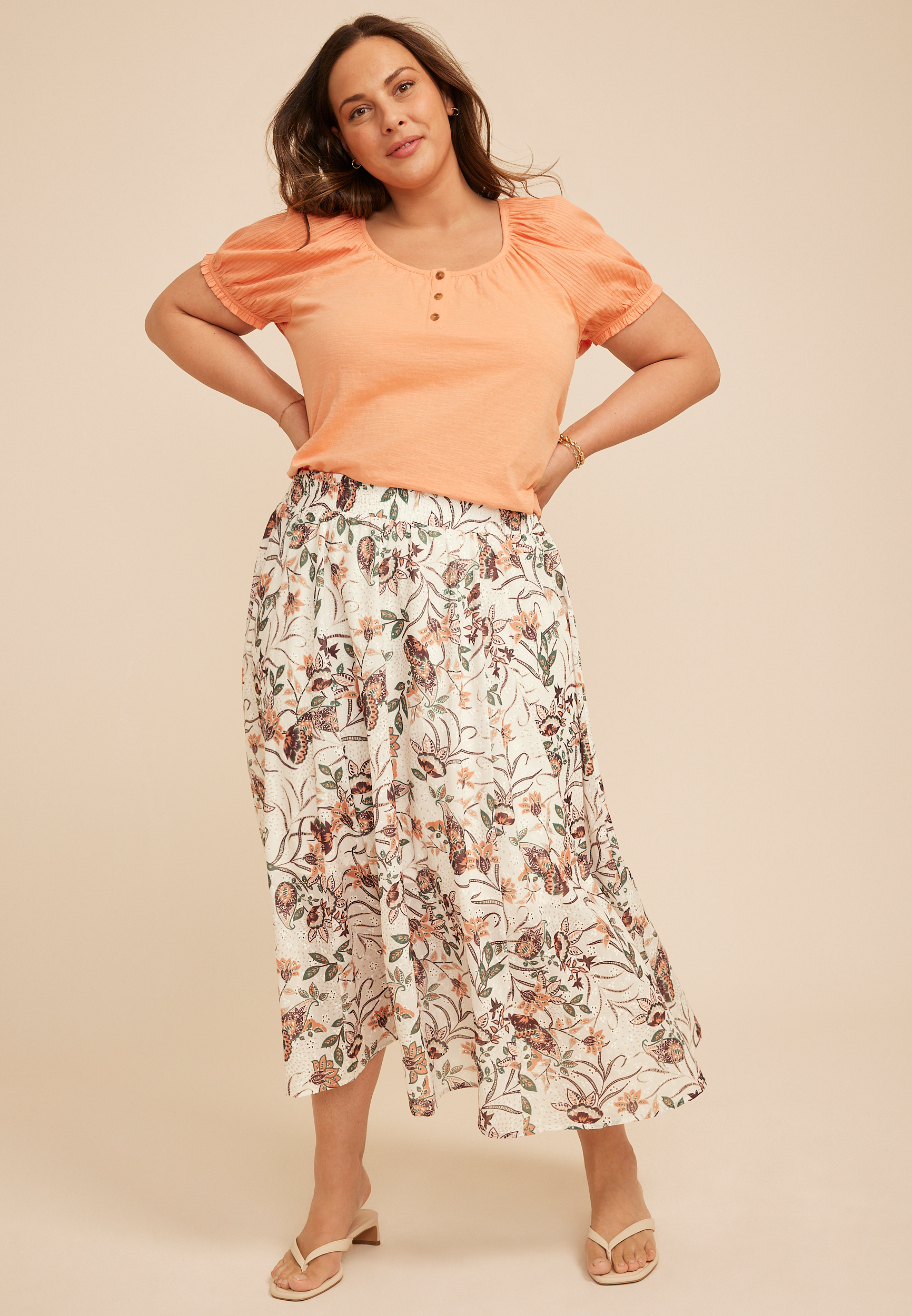 Plus Size Floral Eyelet High Rise Maxi Skirt