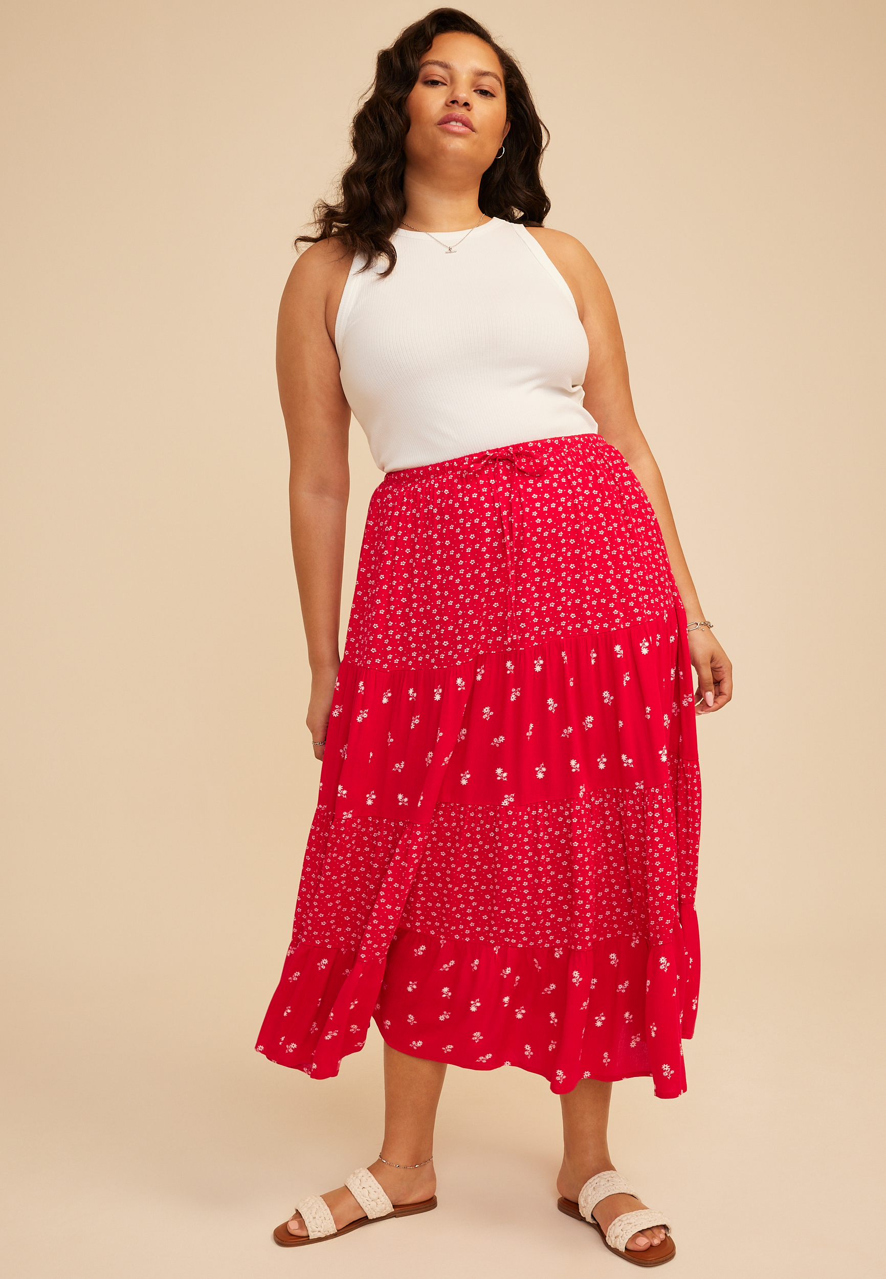 Plus Size Ditsy Floral High Rise Maxi Skirt, C2635, large