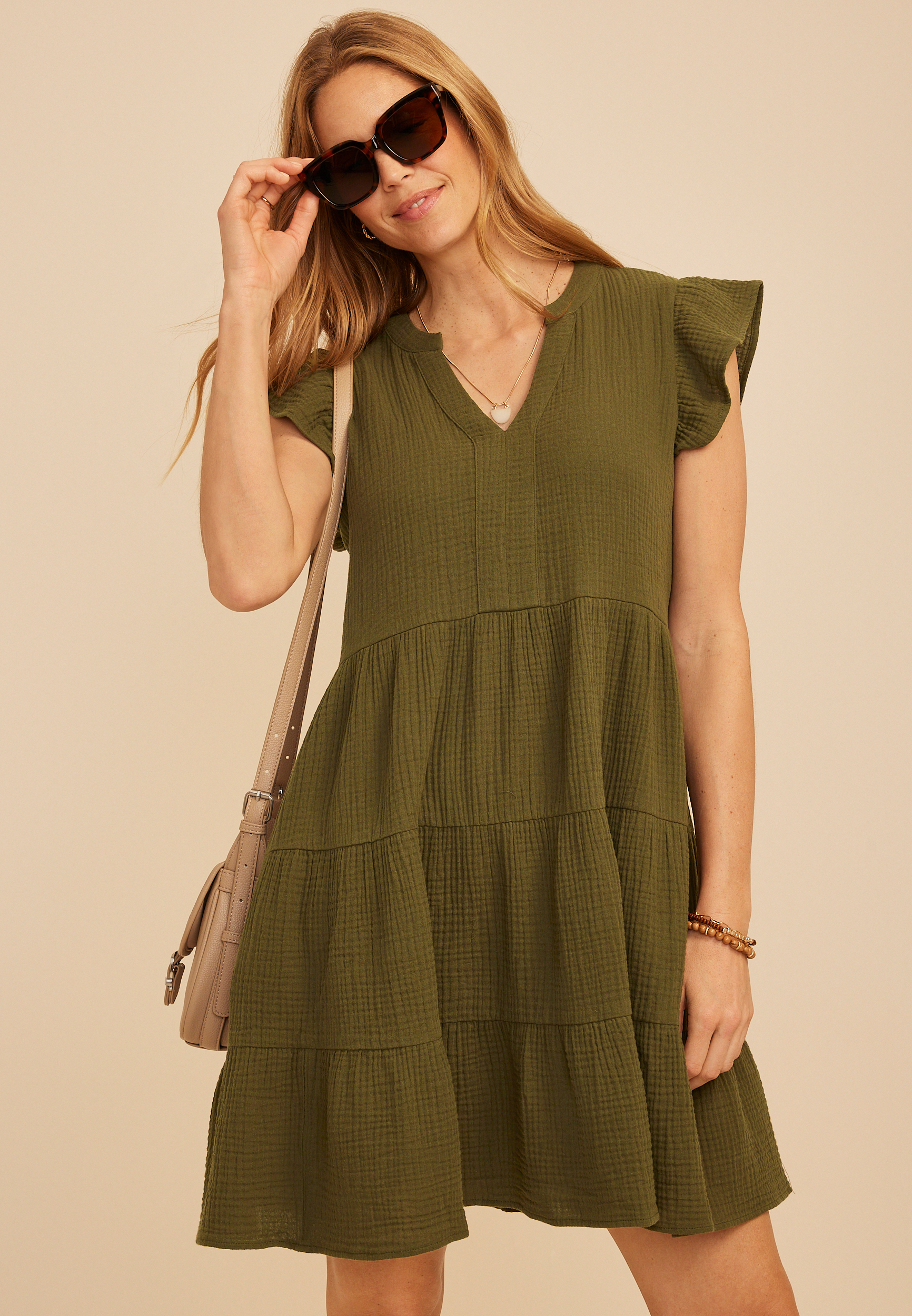 Double Cloth Notch Neck Mini Dress