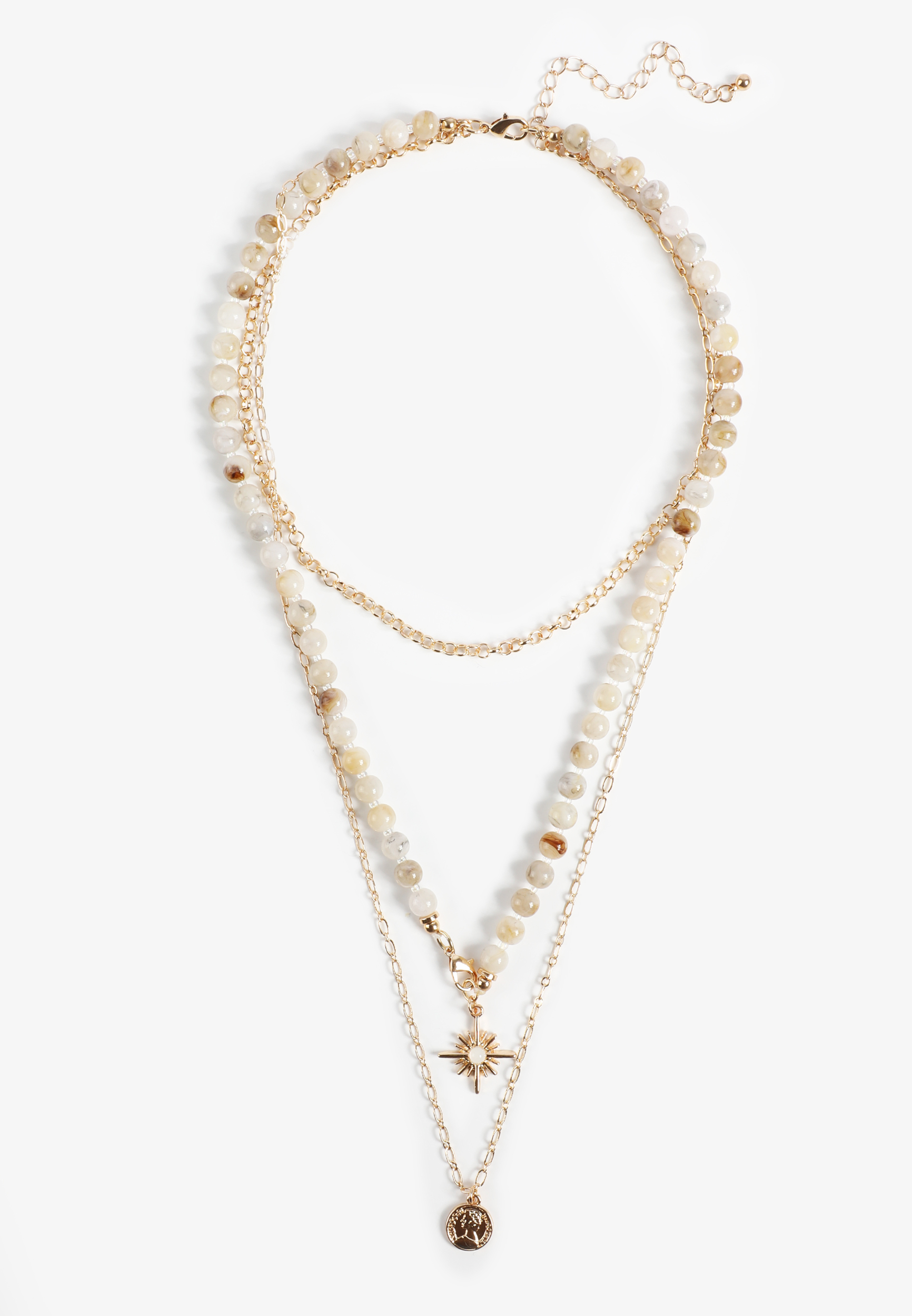 Neutral Beaded Layered Necklace, GOLD, large