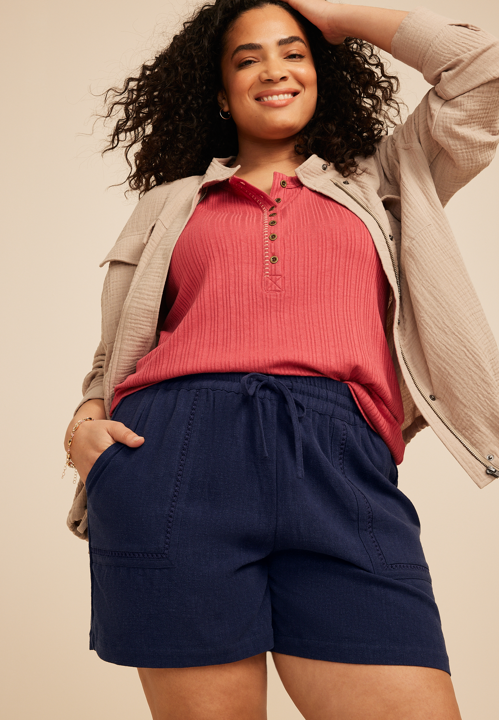 Plus Size High Rise Ladder Trim Linen Like Short