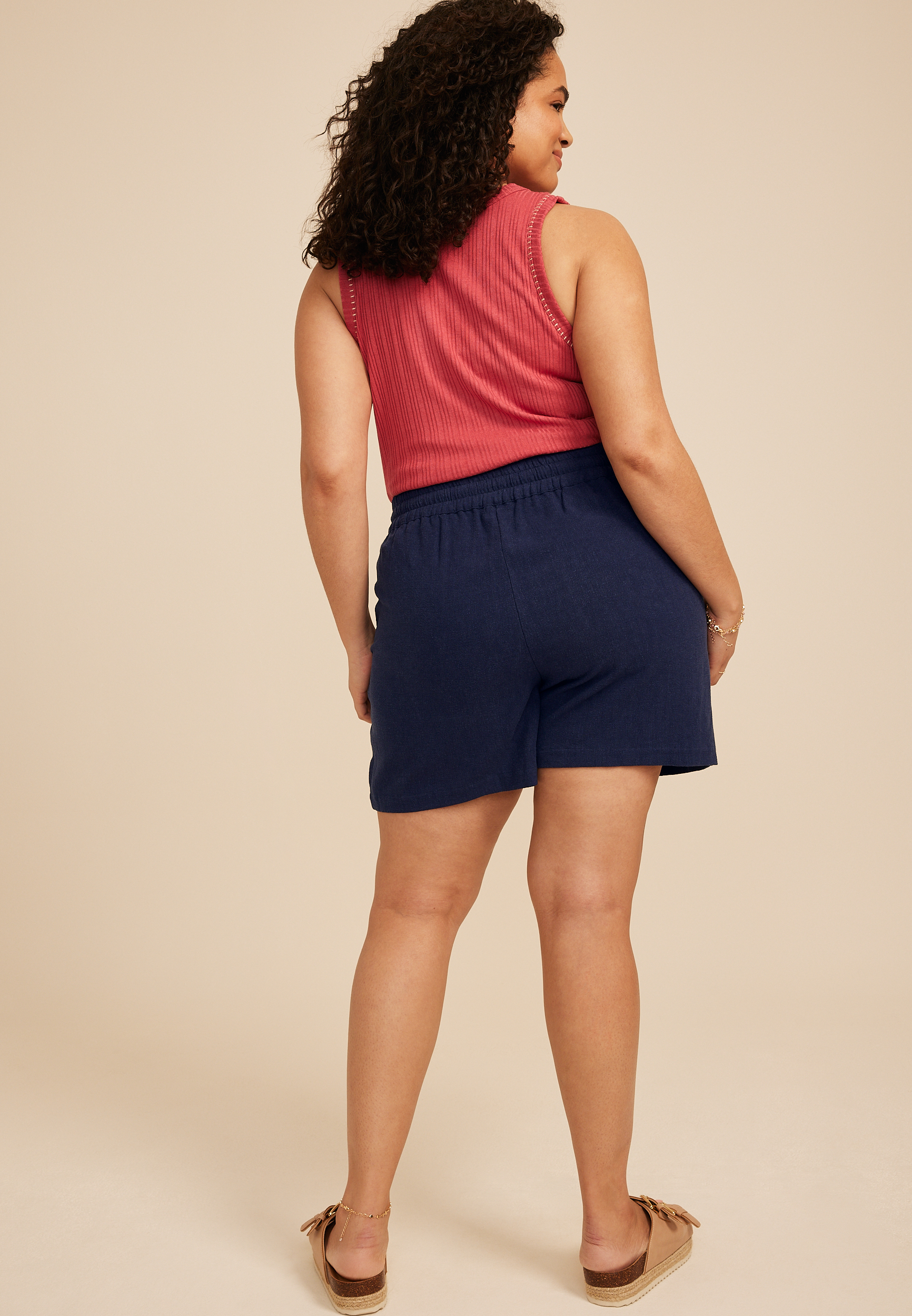 Plus Size High Rise Ladder Trim Linen Like Short