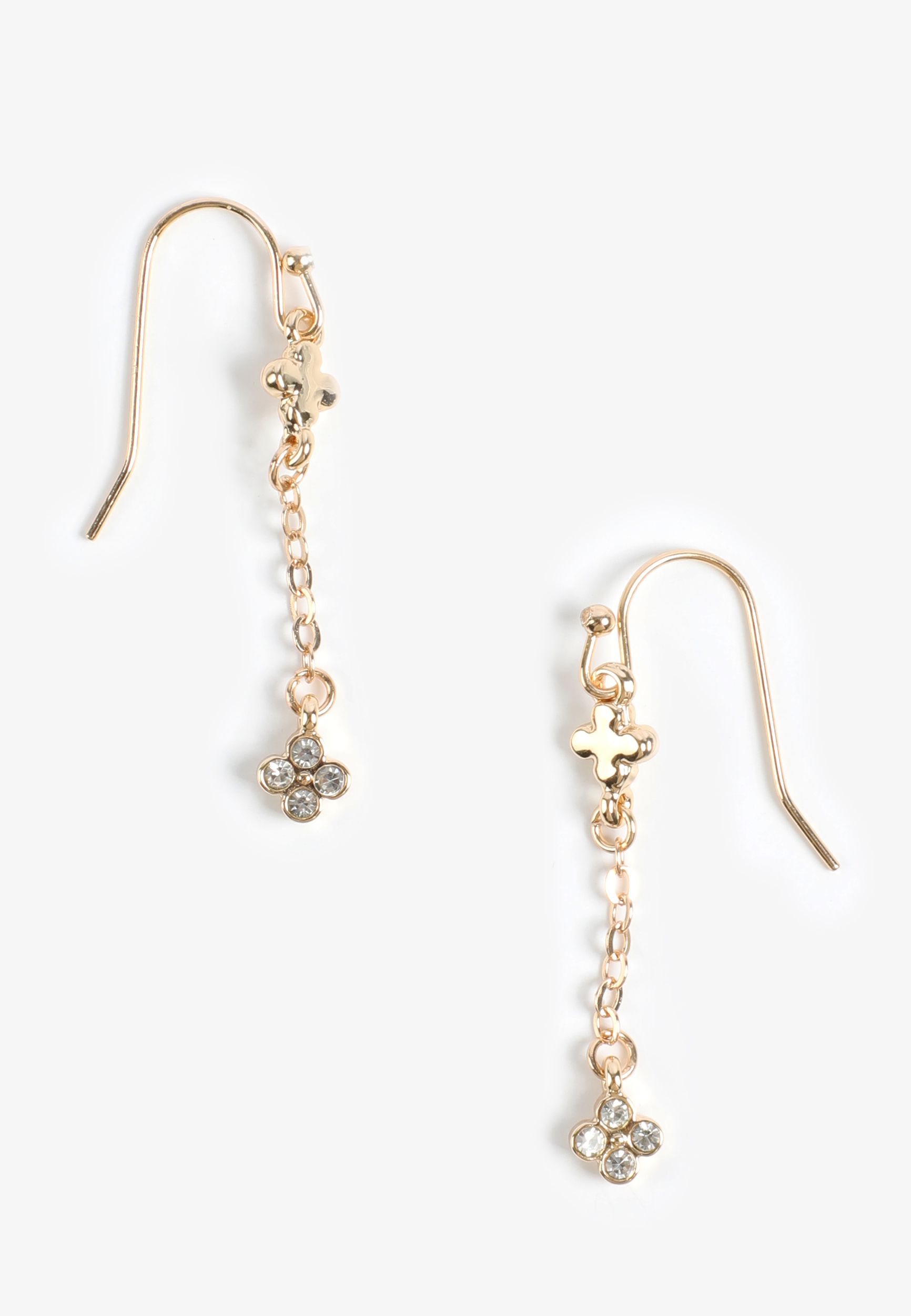 Gold Rhinestone Clover Drop Earrings