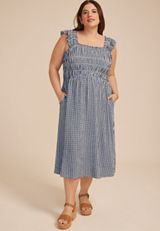 Plus Size Gingham Micro Flutter Sleeve Midi Dress, C3123, small