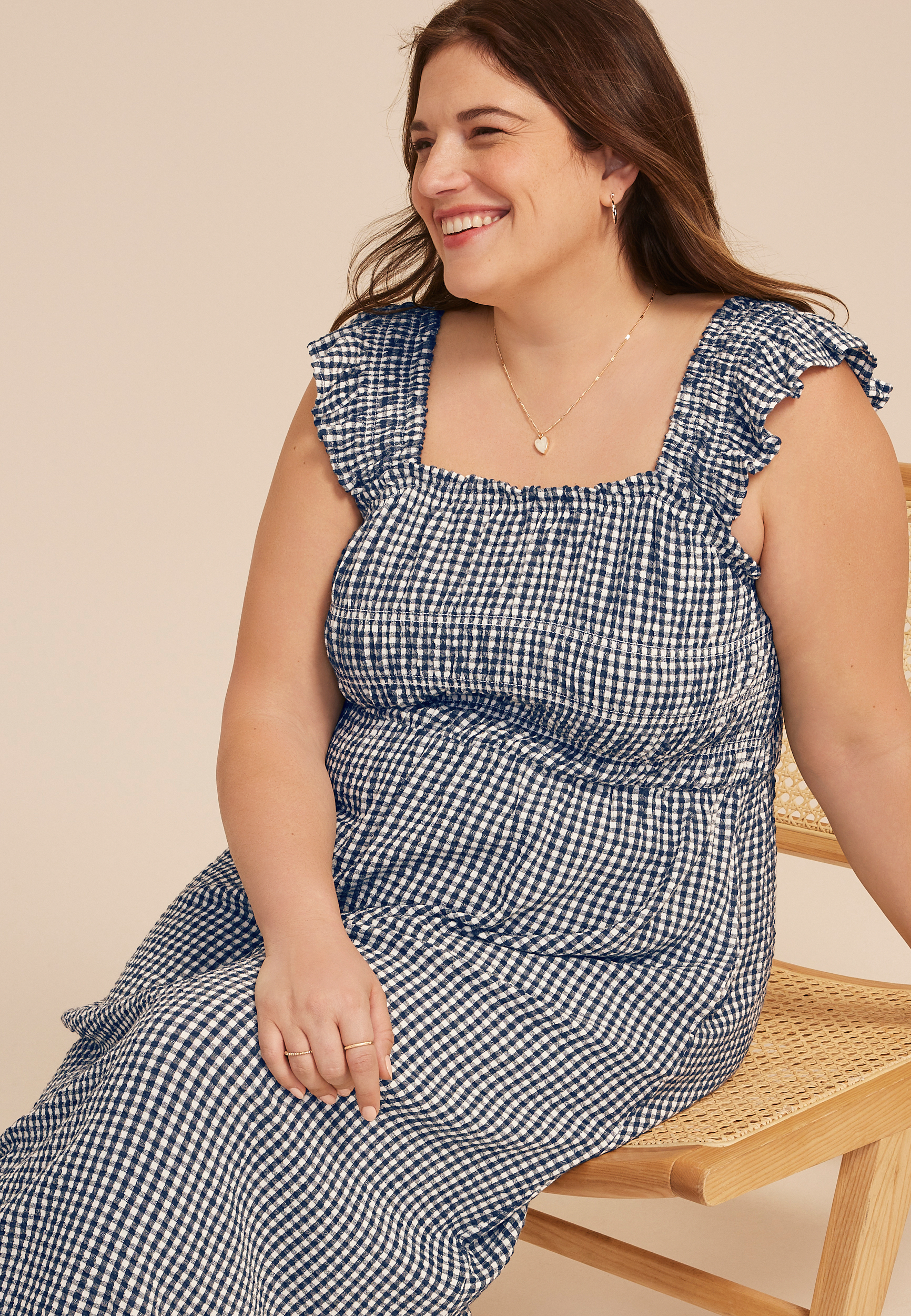 plus size gingham dress Plus Size Maxi Dress Ruffle Sleeveless-Blue White Plaid, 3XL main image 0
