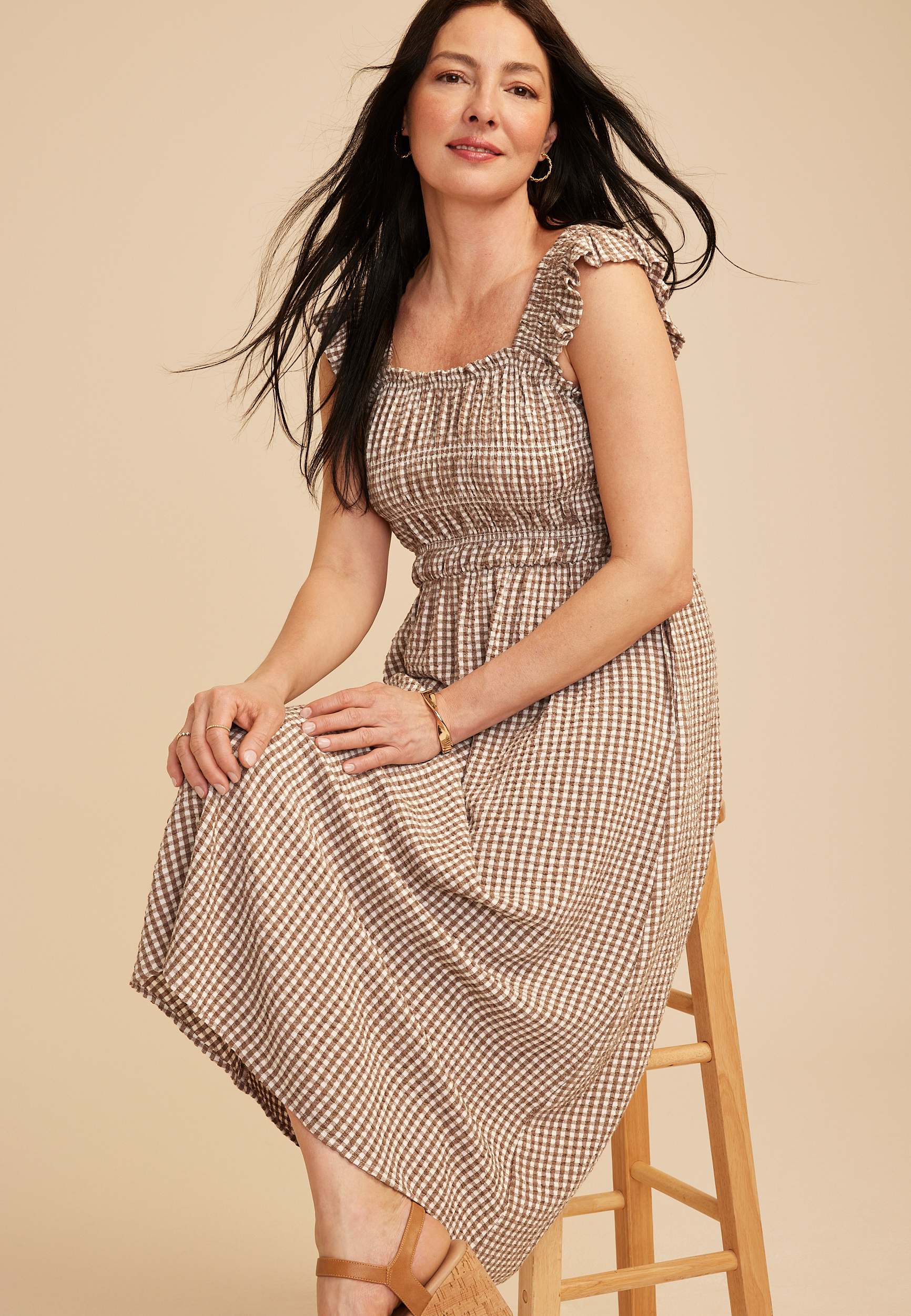 Gingham Micro Flutter Sleeve Midi Dress