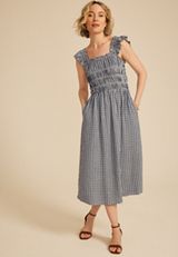 Gingham Micro Flutter Sleeve Midi Dress, C3123, small