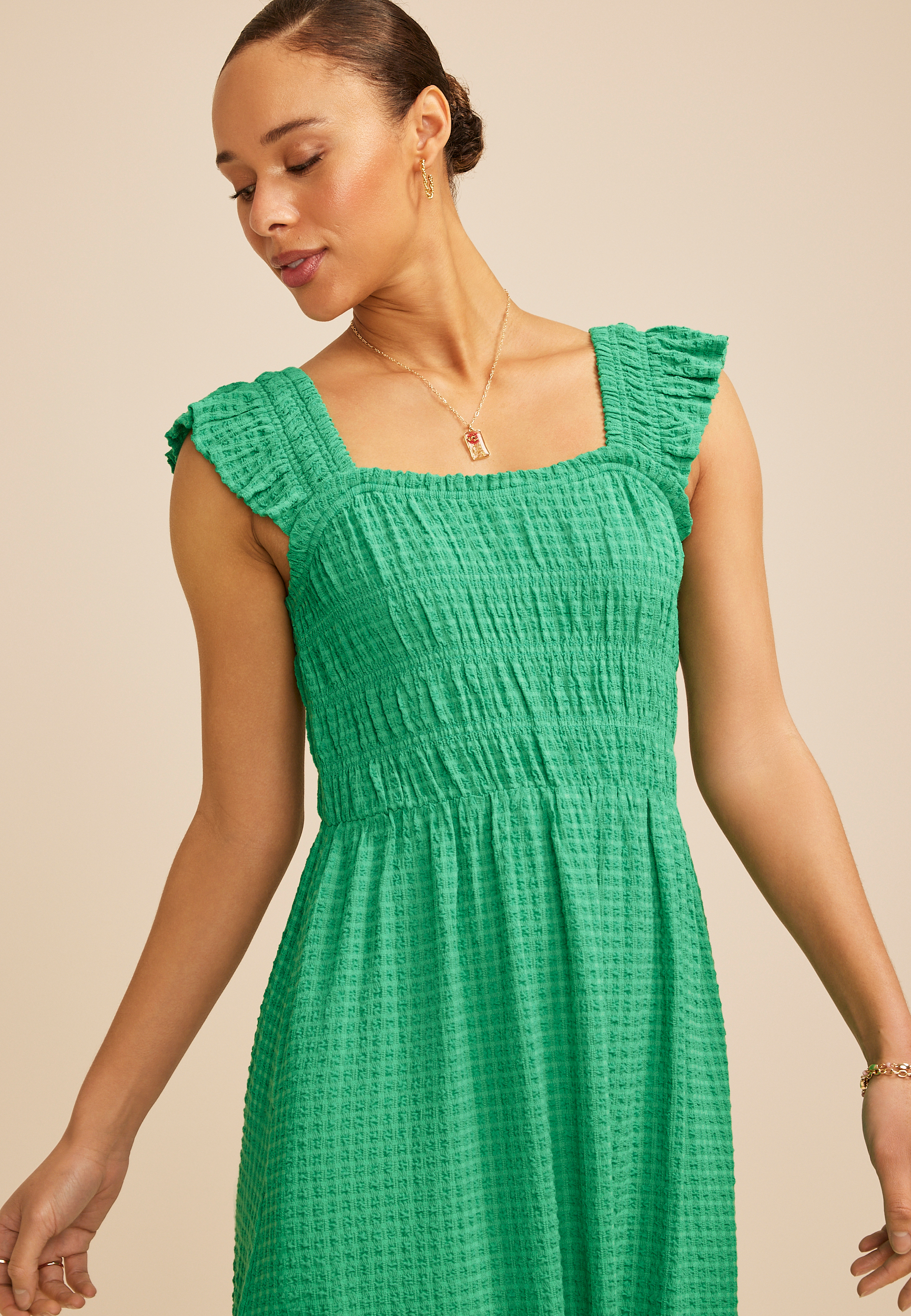 Gingham Micro Flutter Sleeve Midi Dress