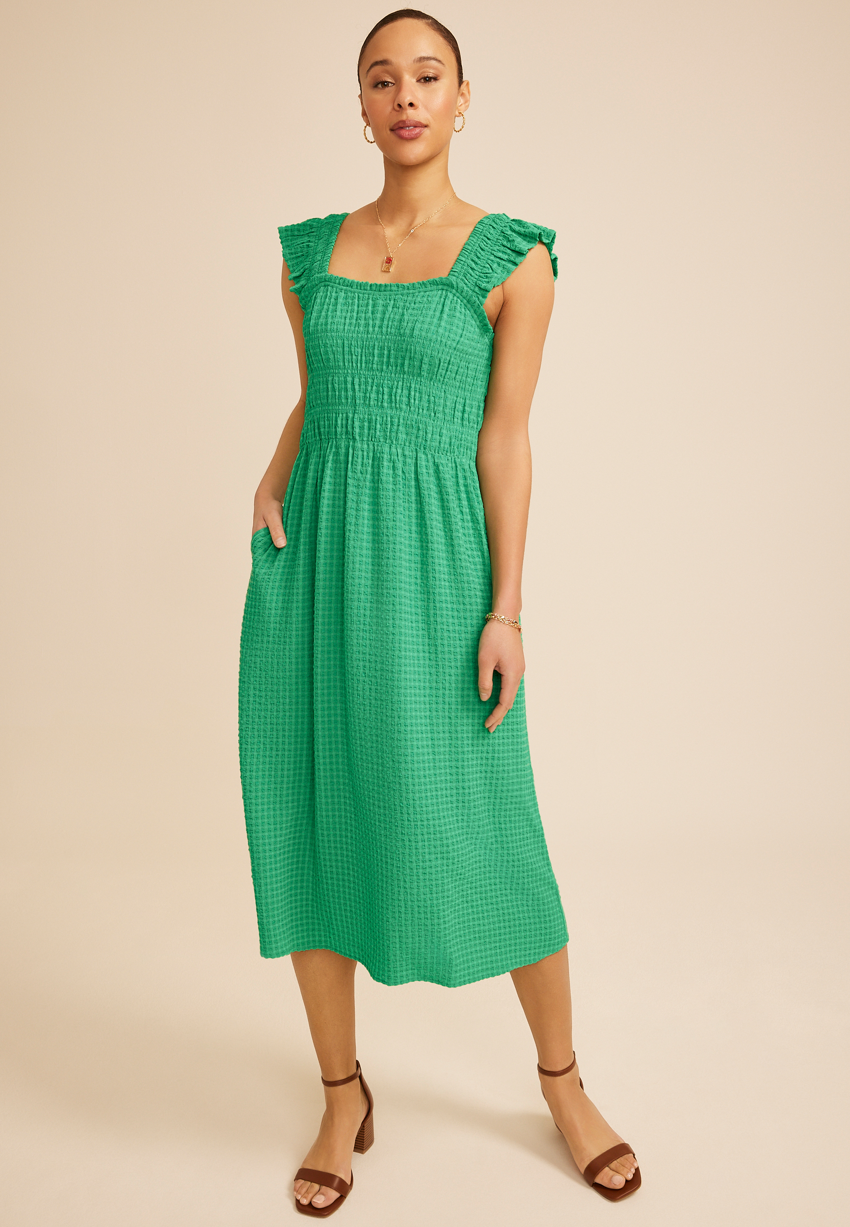 Gingham Micro Flutter Sleeve Midi Dress | maurices