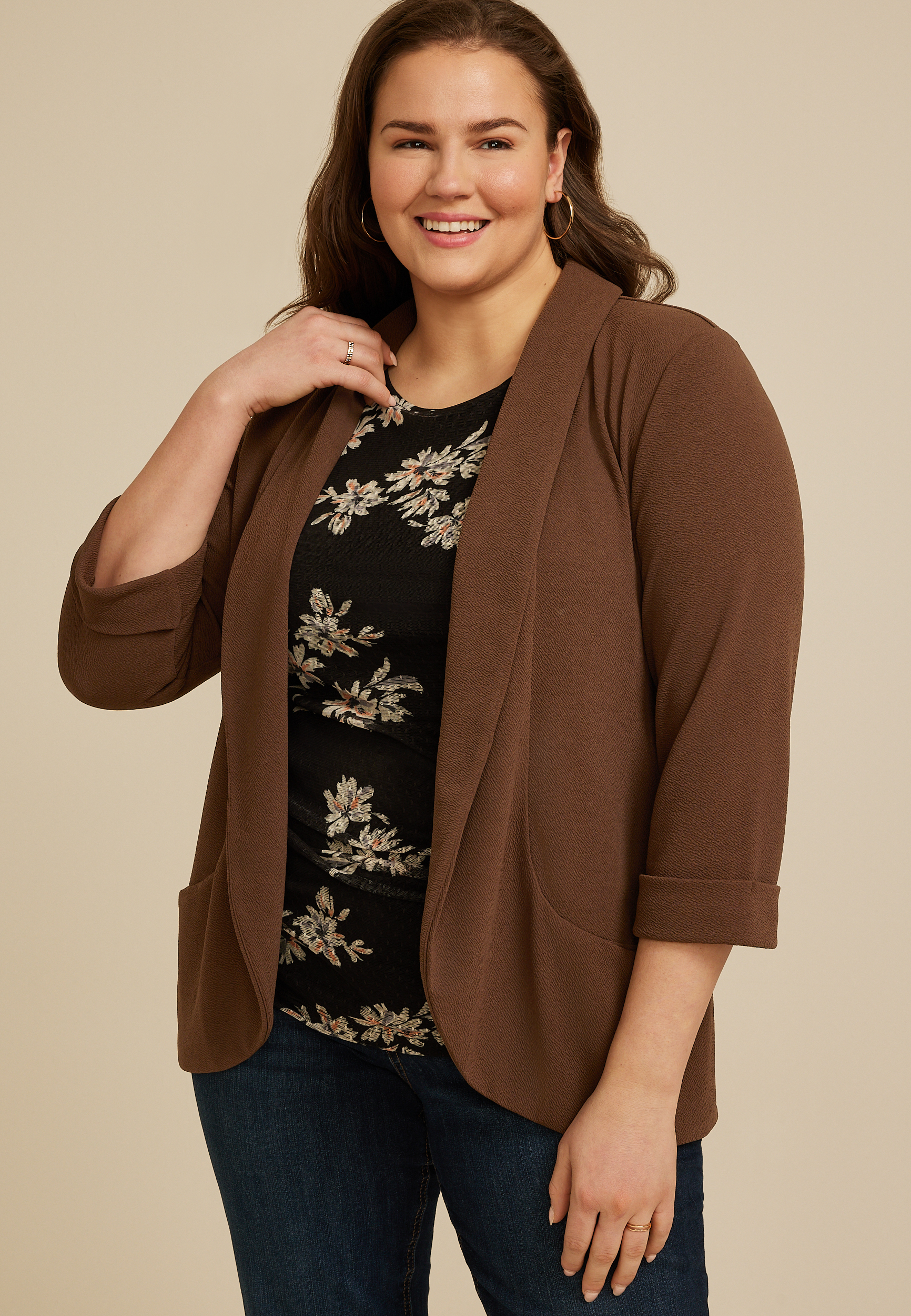 Plus Size Textured Versa 3/4 Sleeve Pocket Blazer