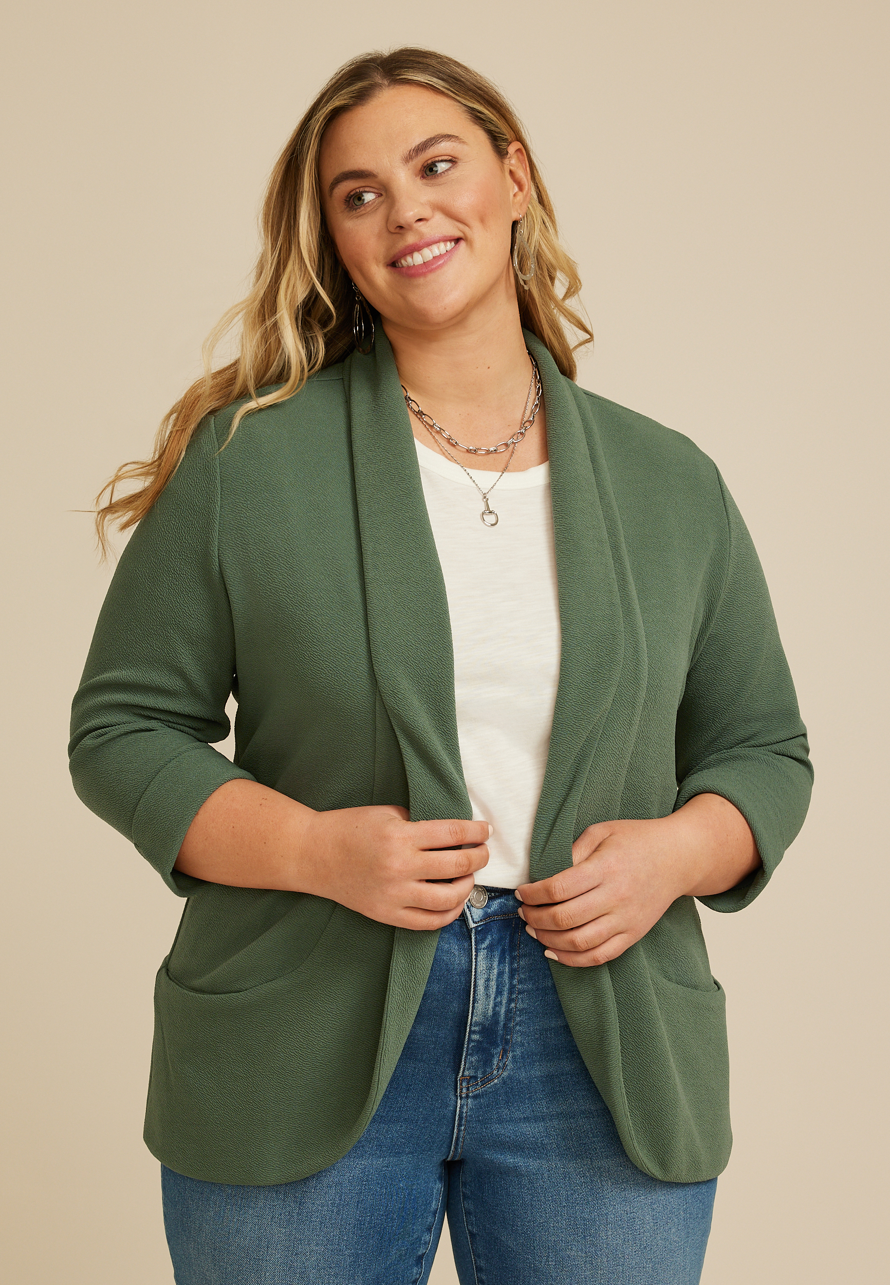 Plus Size Textured Versa 3/4 Sleeve Pocket Blazer
