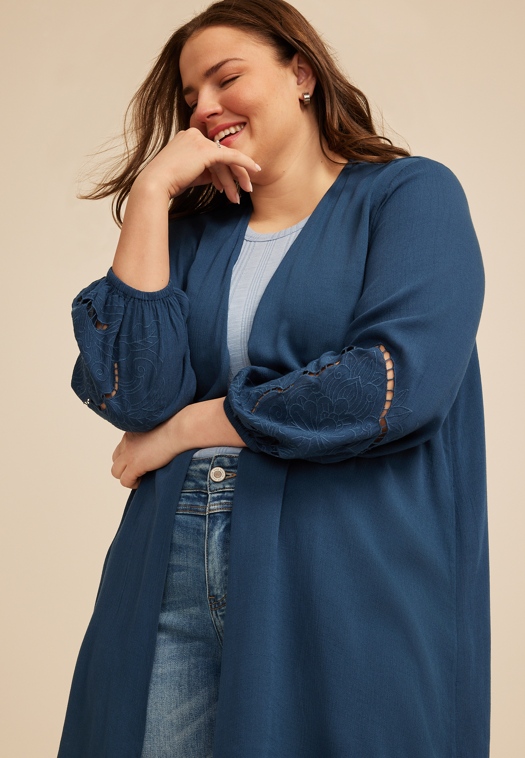 Plus Size Embroidered Sleeve Kimono