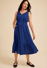 Bare Tie Notch Neck Empire Waist Midi Dress, BLUE DEPTHS, small