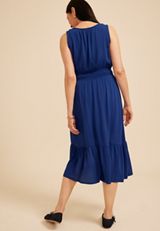 Bare Tie Notch Neck Empire Waist Midi Dress, BLUE DEPTHS, small