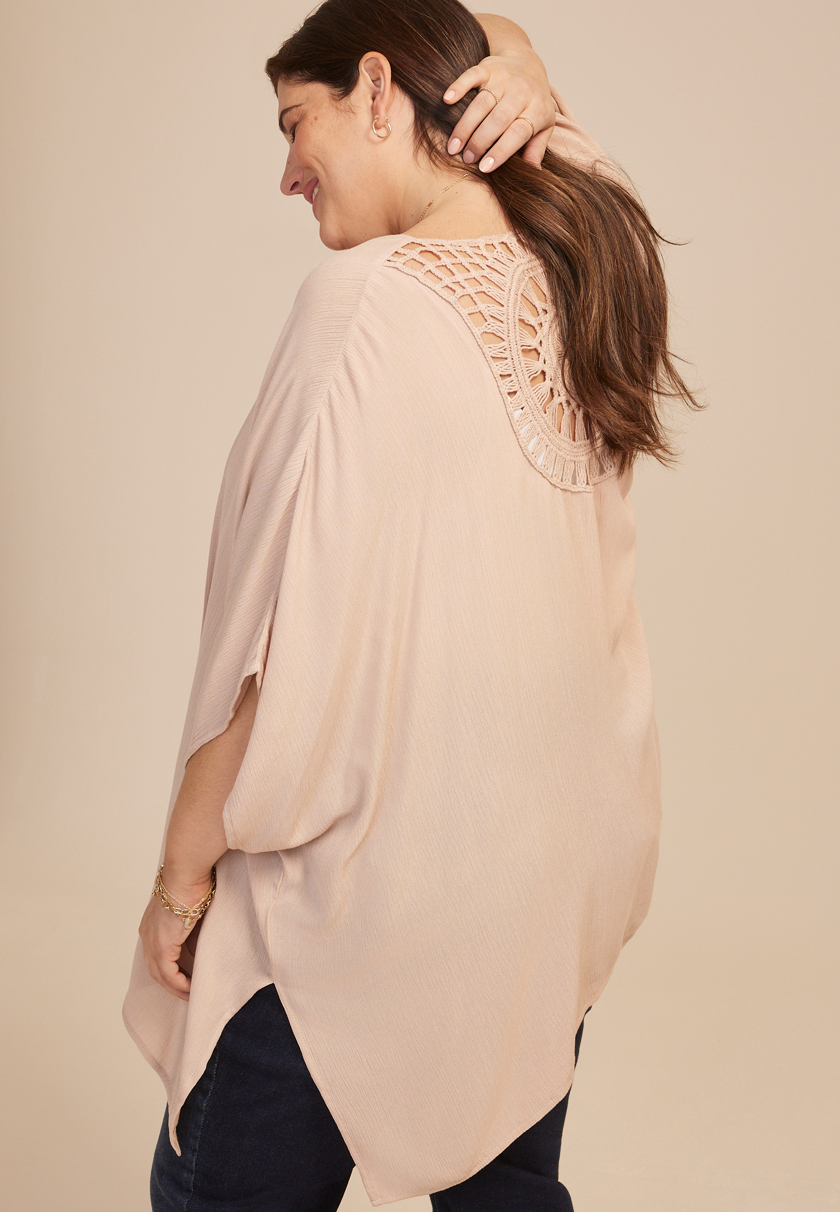 Crochet Applique Medallion Back Open Front Kimono, DOESKIN, large