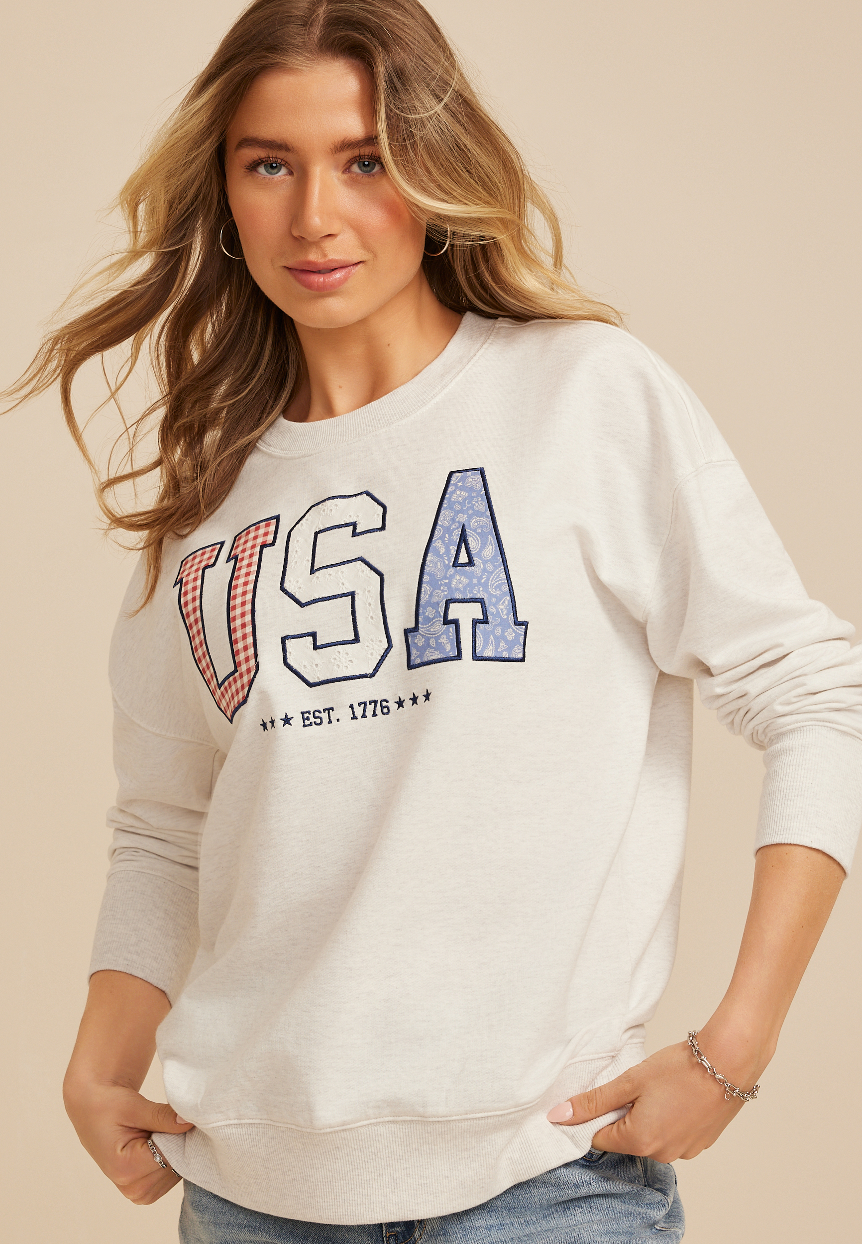 Americana USA 1776 Applique Sweatshirt, LIGHT HEATHER GRAY, large