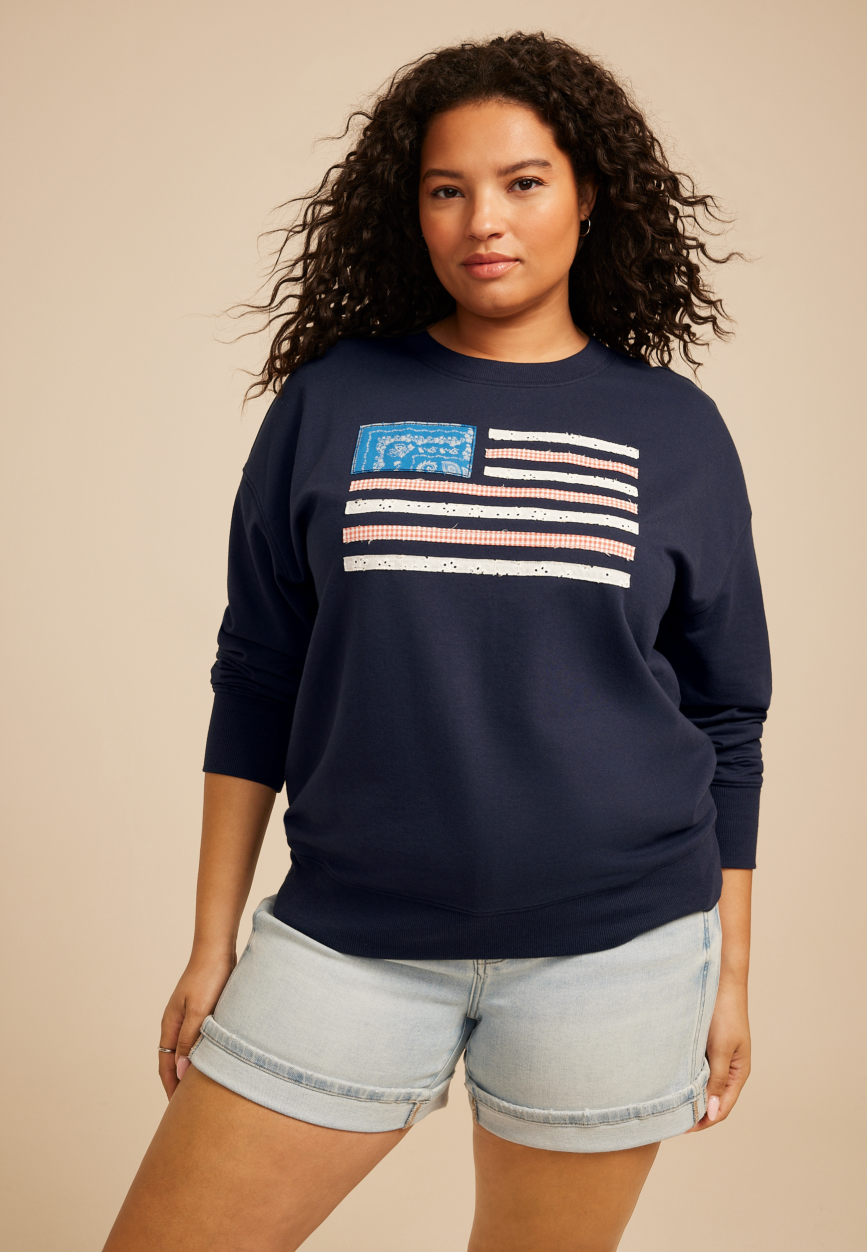 Plus Size Americana Patchwork Flag Sweatshirt