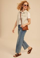 Beige Denim Vest, BEIGE, small