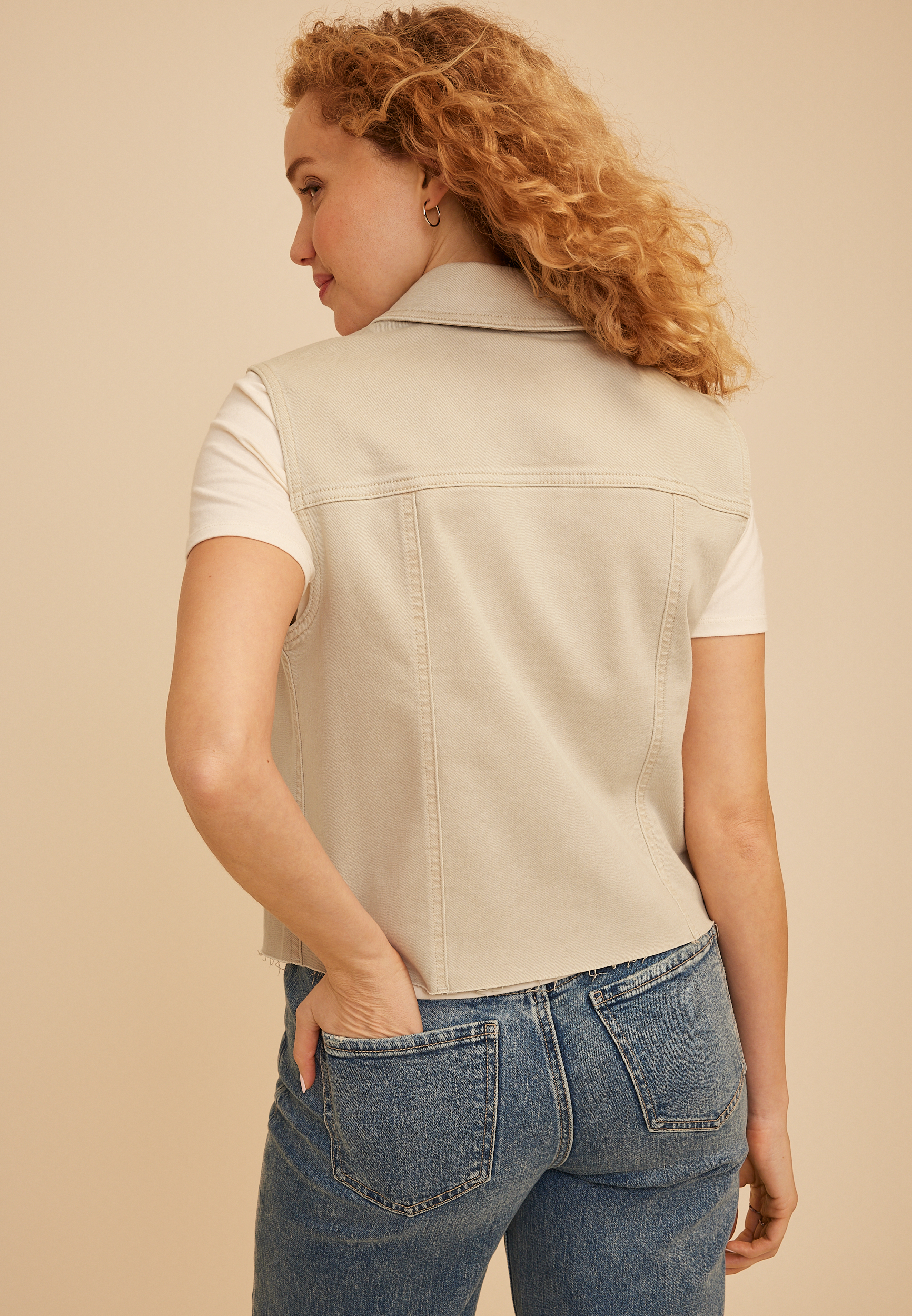 Beige Denim Vest, BEIGE, large