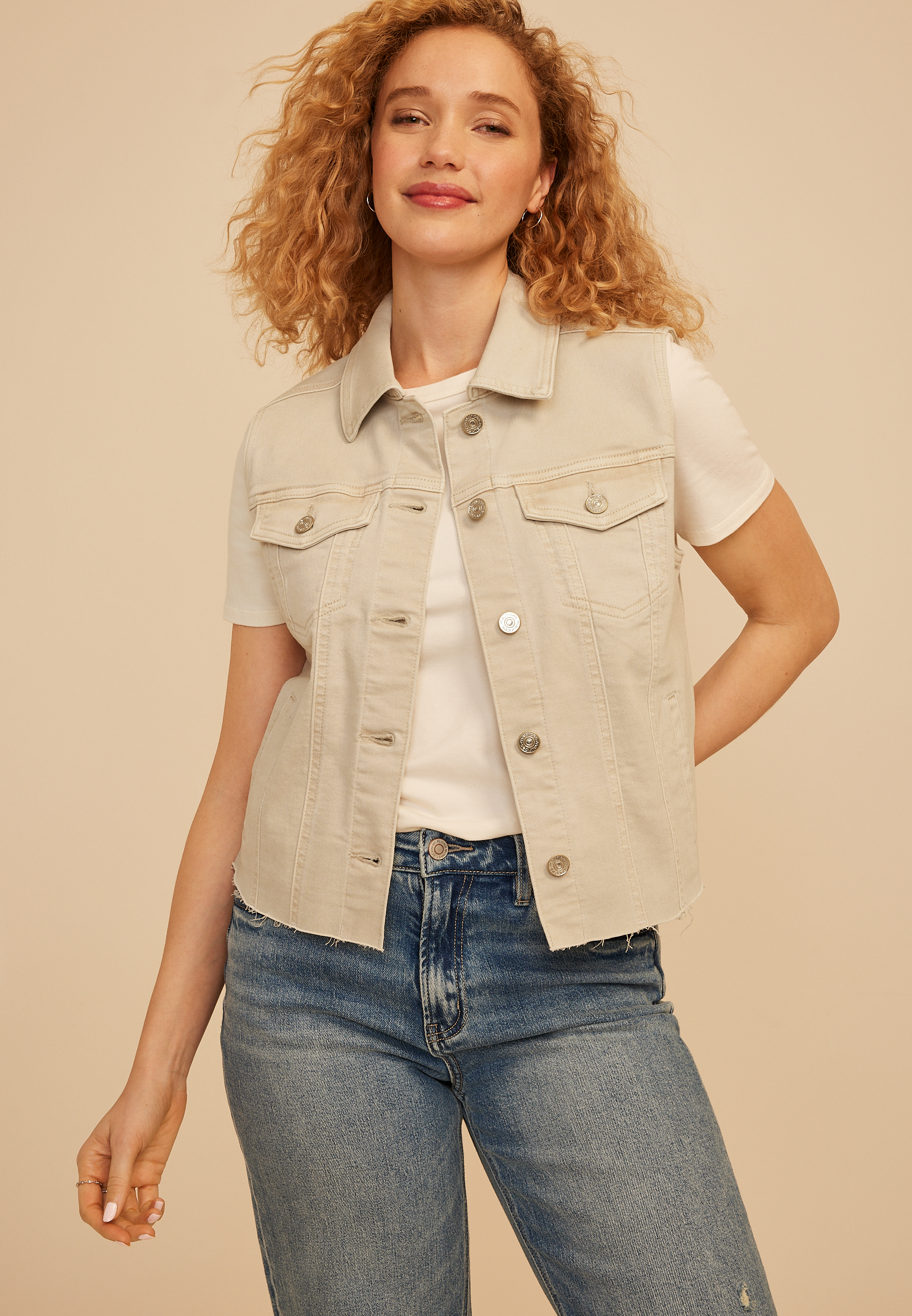 Beige Denim Vest, BEIGE, large