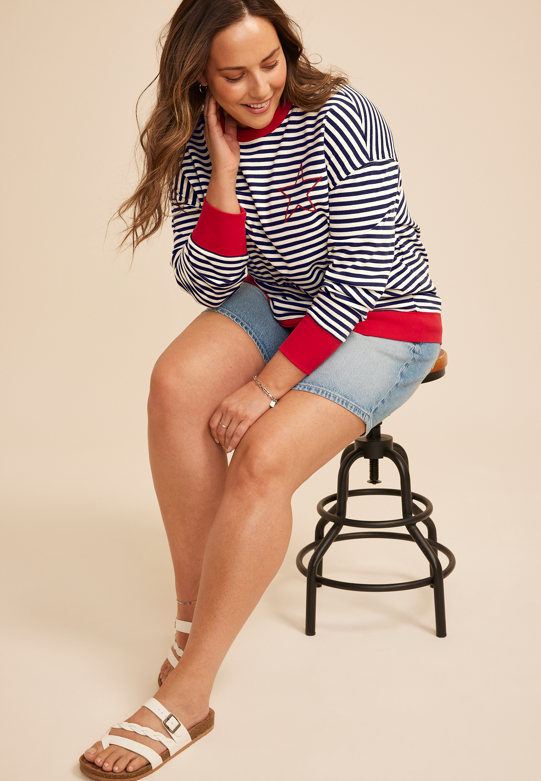 Plus Size Striped Americana Embroidered Star Sweatshirt
