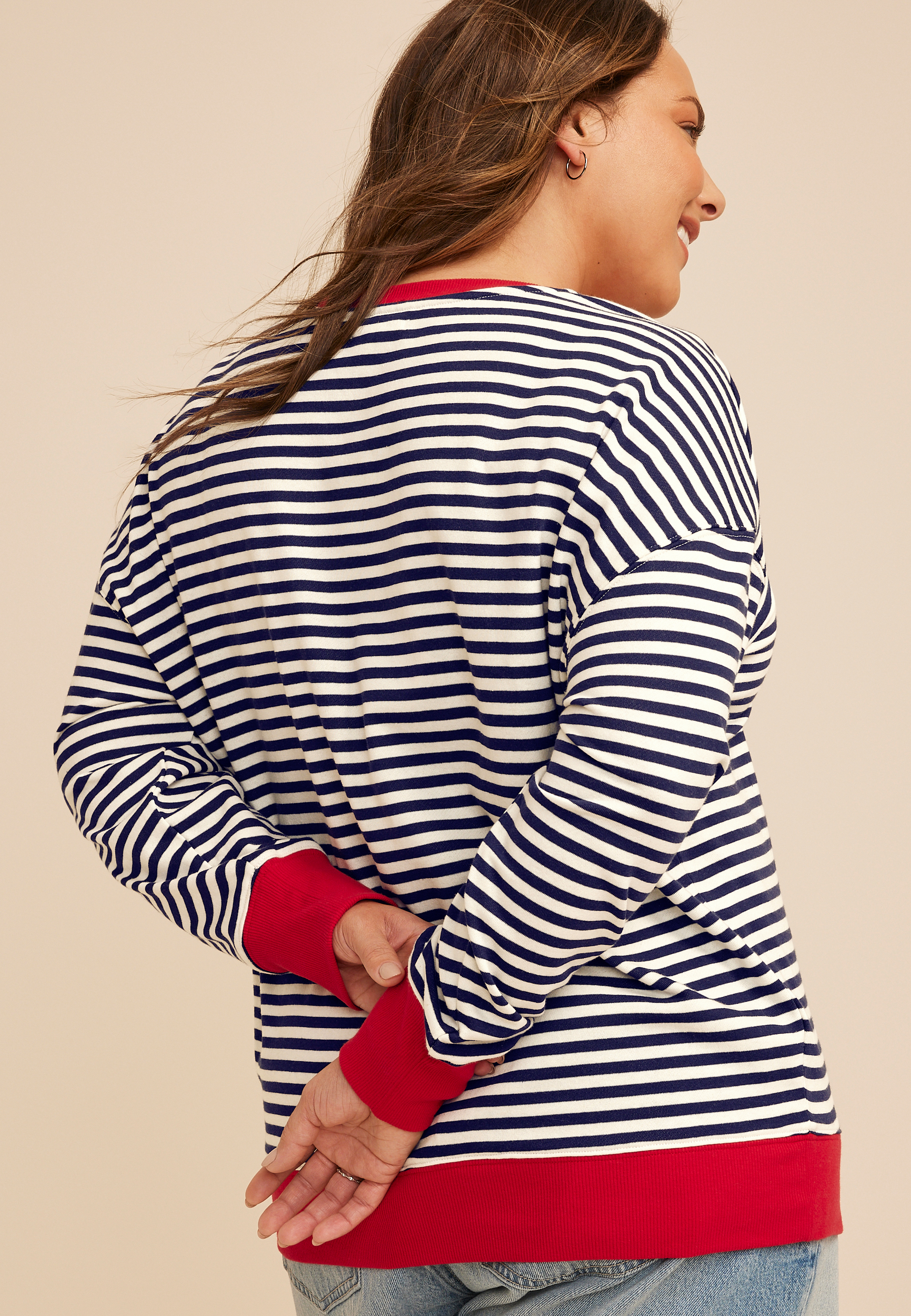 Plus Size Striped Americana Embroidered Star Sweatshirt, C5487, large