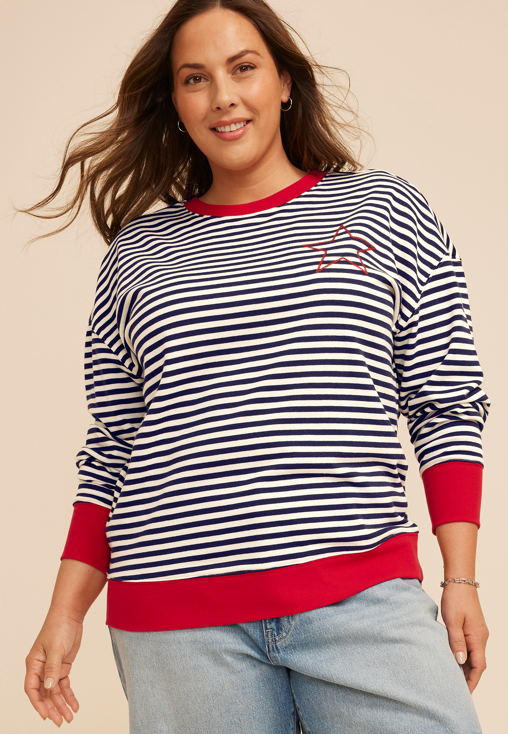 Plus Size Striped Americana Embroidered Star Sweatshirt, C5487, large
