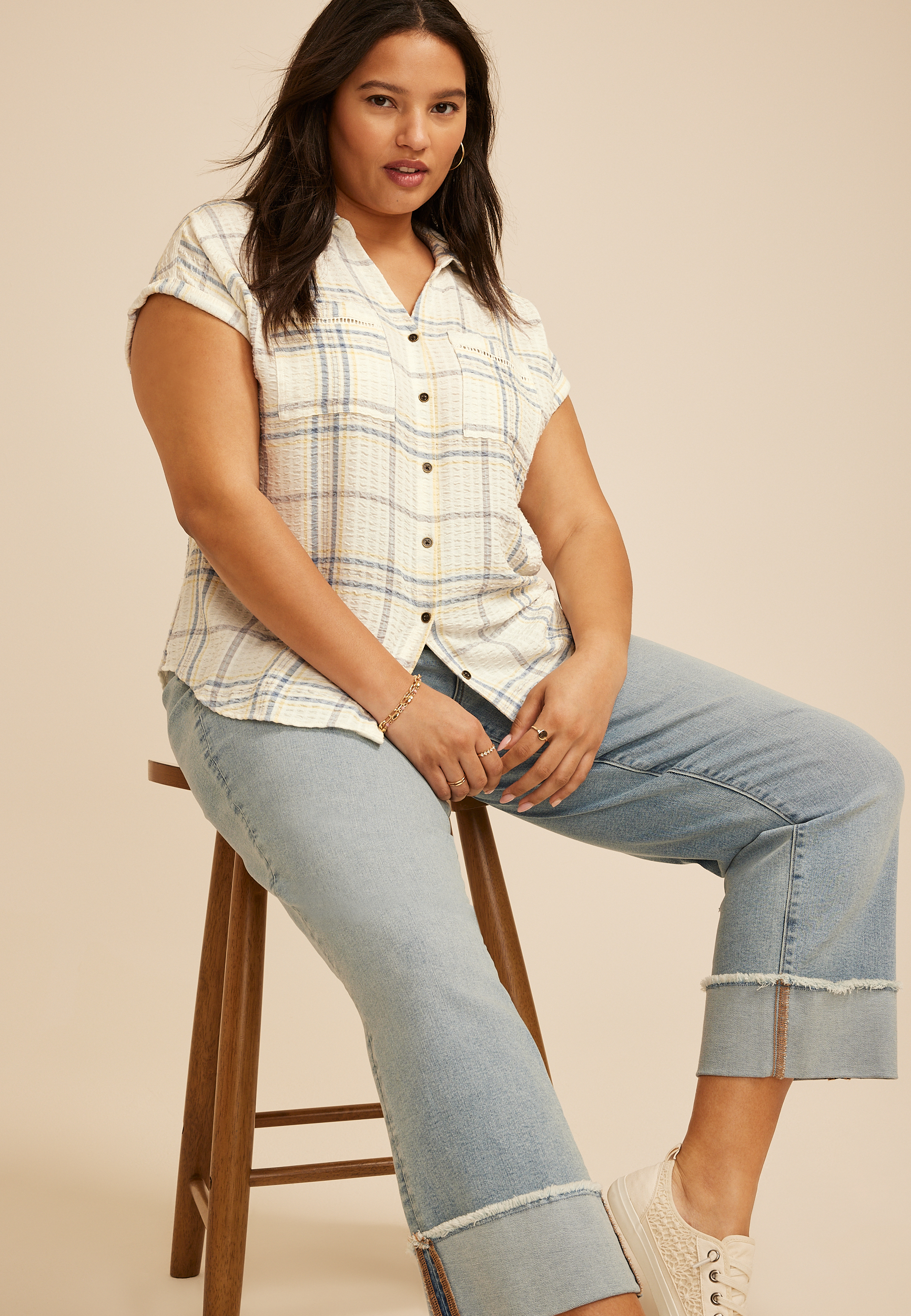 Plus Size Pucker Plaid Dolman Button Down Shirt