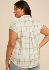 Plus Size Pucker Plaid Dolman Button Down Shirt, C1524, small