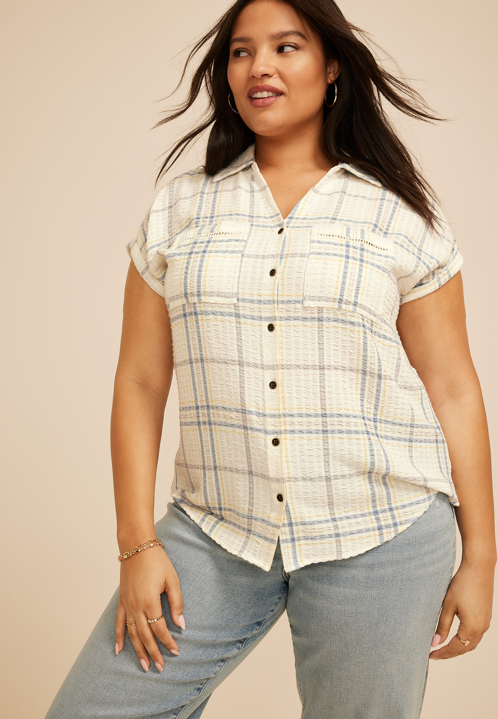 Plus Size Pucker Plaid Dolman Button Down Shirt, C1524, large