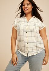 Plus Size Pucker Plaid Dolman Button Down Shirt, C1524, small