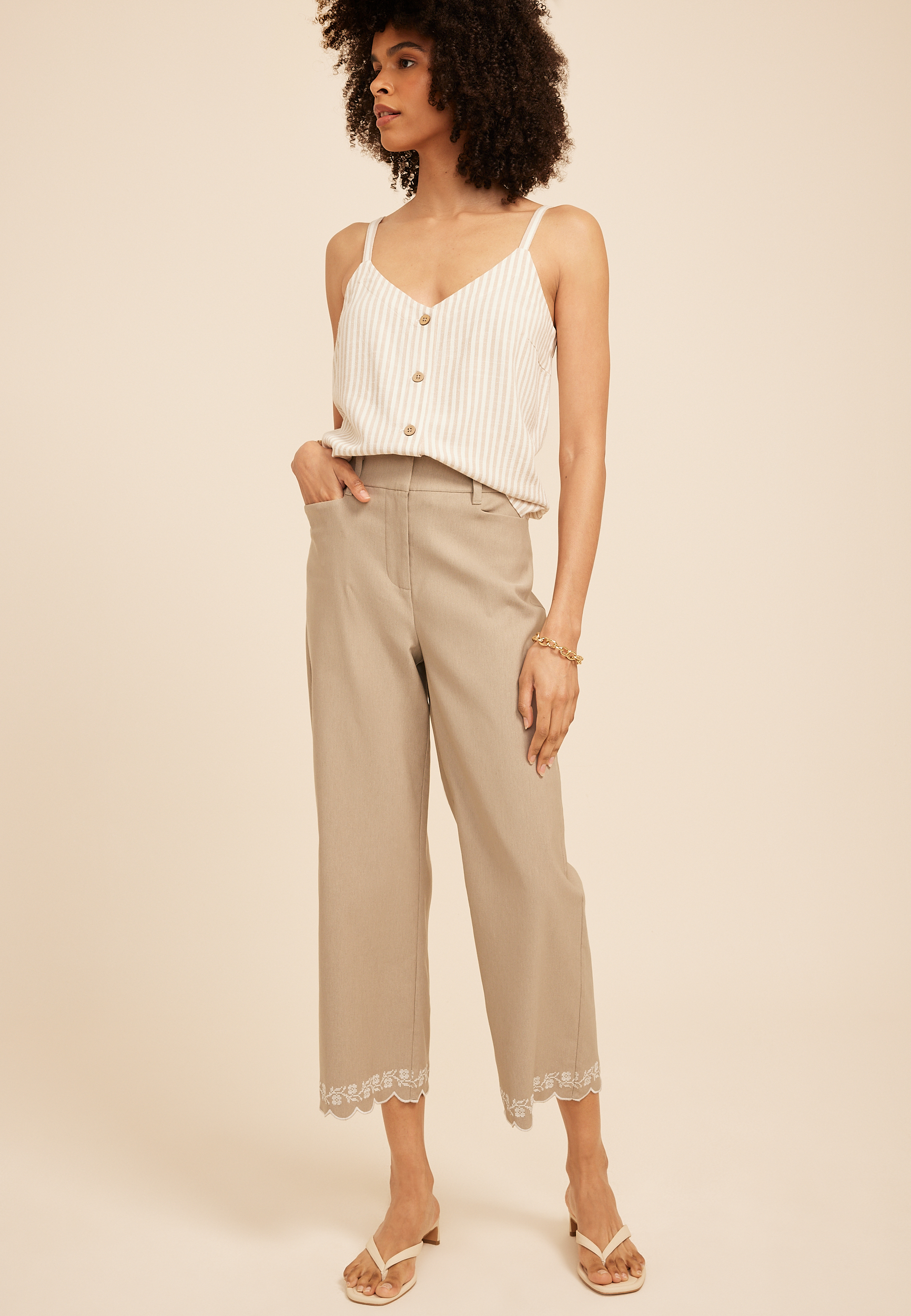 Sateen Bengaline Embroidered Hem Straight Crop Pant