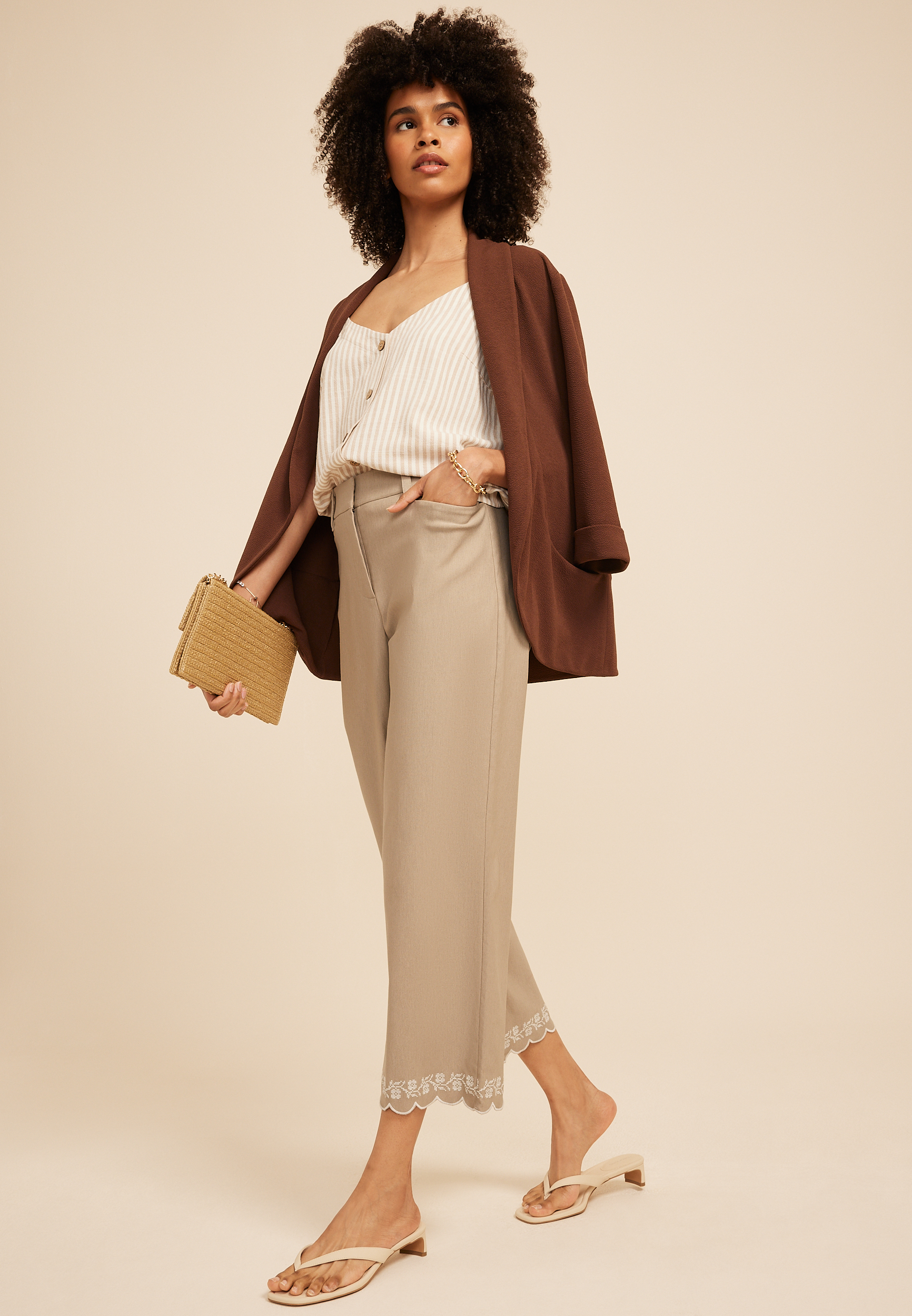 Sateen Bengaline Embroidered Hem Straight Crop Pant, C5609, large
