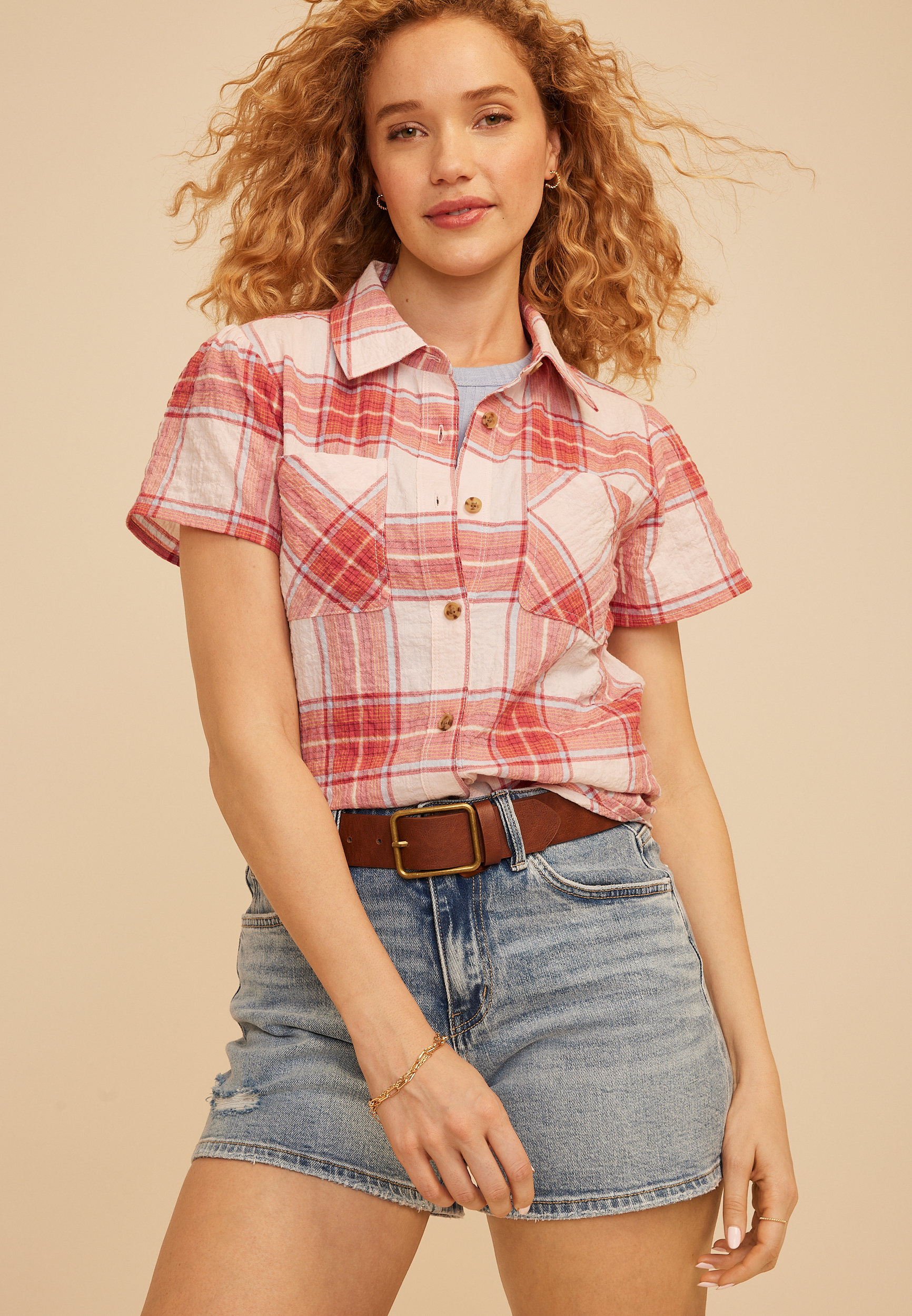 Red Plaid Short Sleeve Button Down Shirt, C4905, large