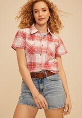 Red Plaid Short Sleeve Button Down Shirt, C4905, small