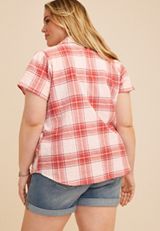 Plus Size Red Plaid Short Sleeve Button Down Shirt, C4905, small