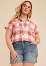 Plus Size Red Plaid Short Sleeve Button Down Shirt, C4905, small