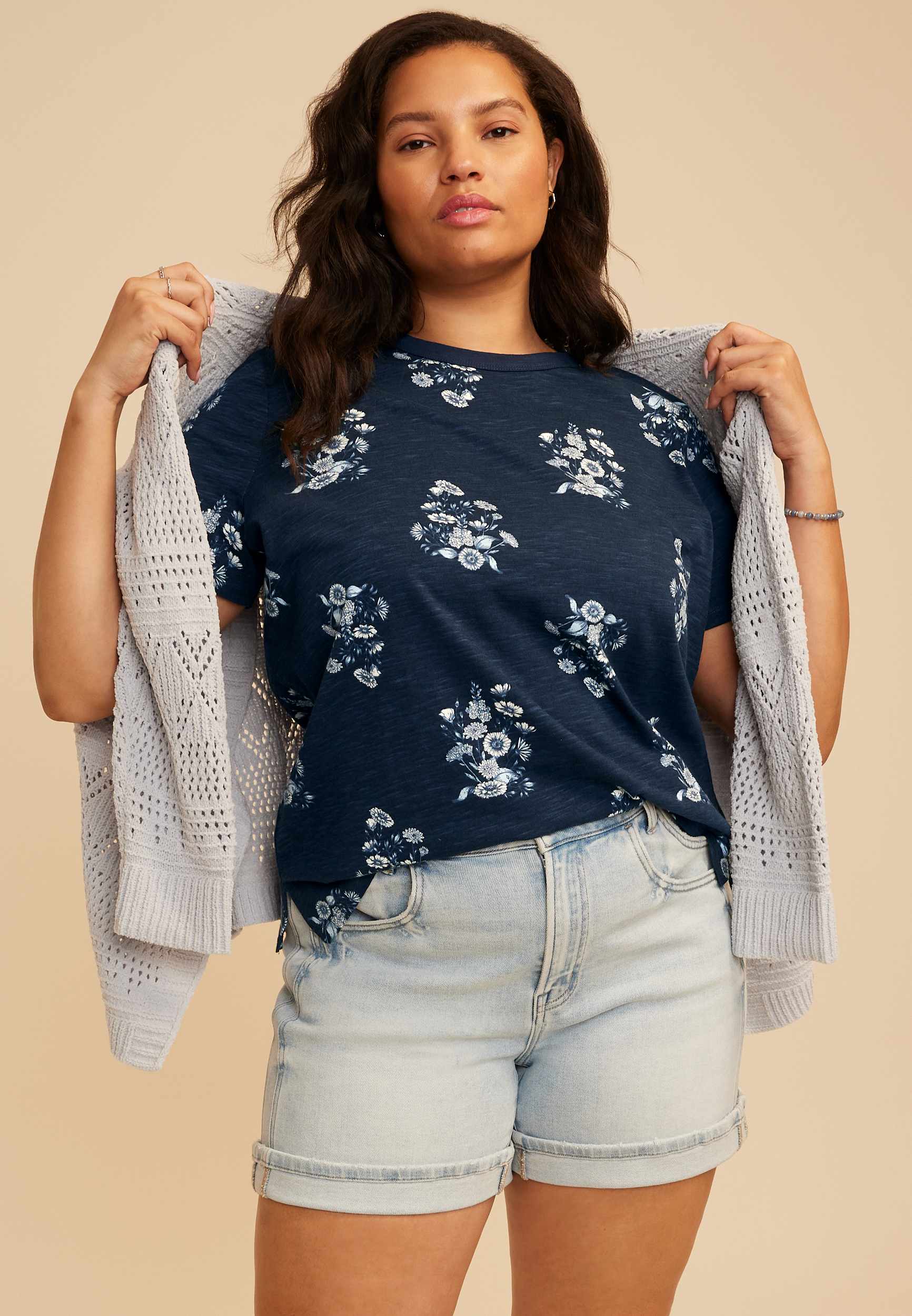Plus Size 24/7 Dawson Blue Floral Crew Neck Tee