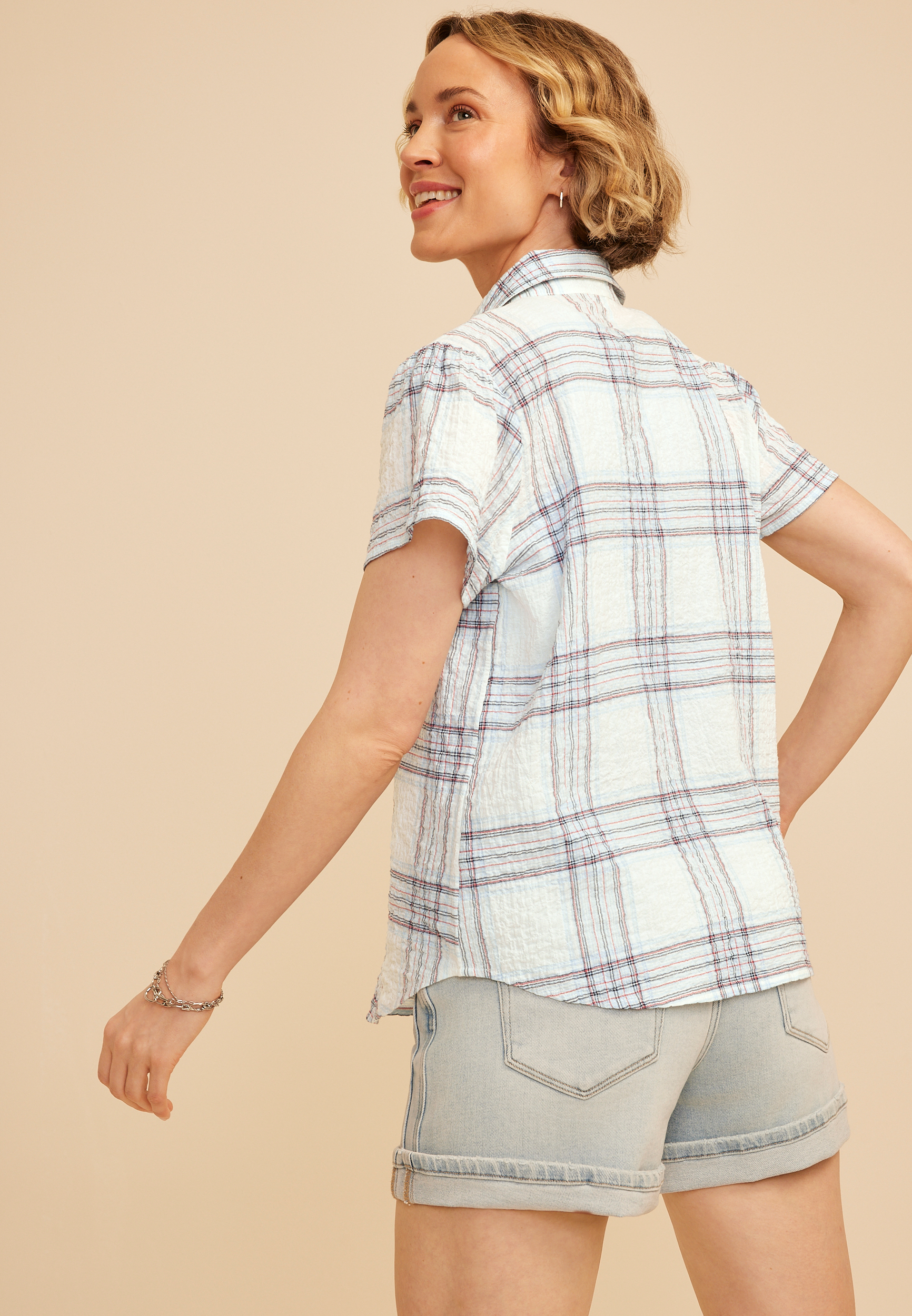 Plaid Cinched Short Sleeve Button Down Shirt, C2380, large