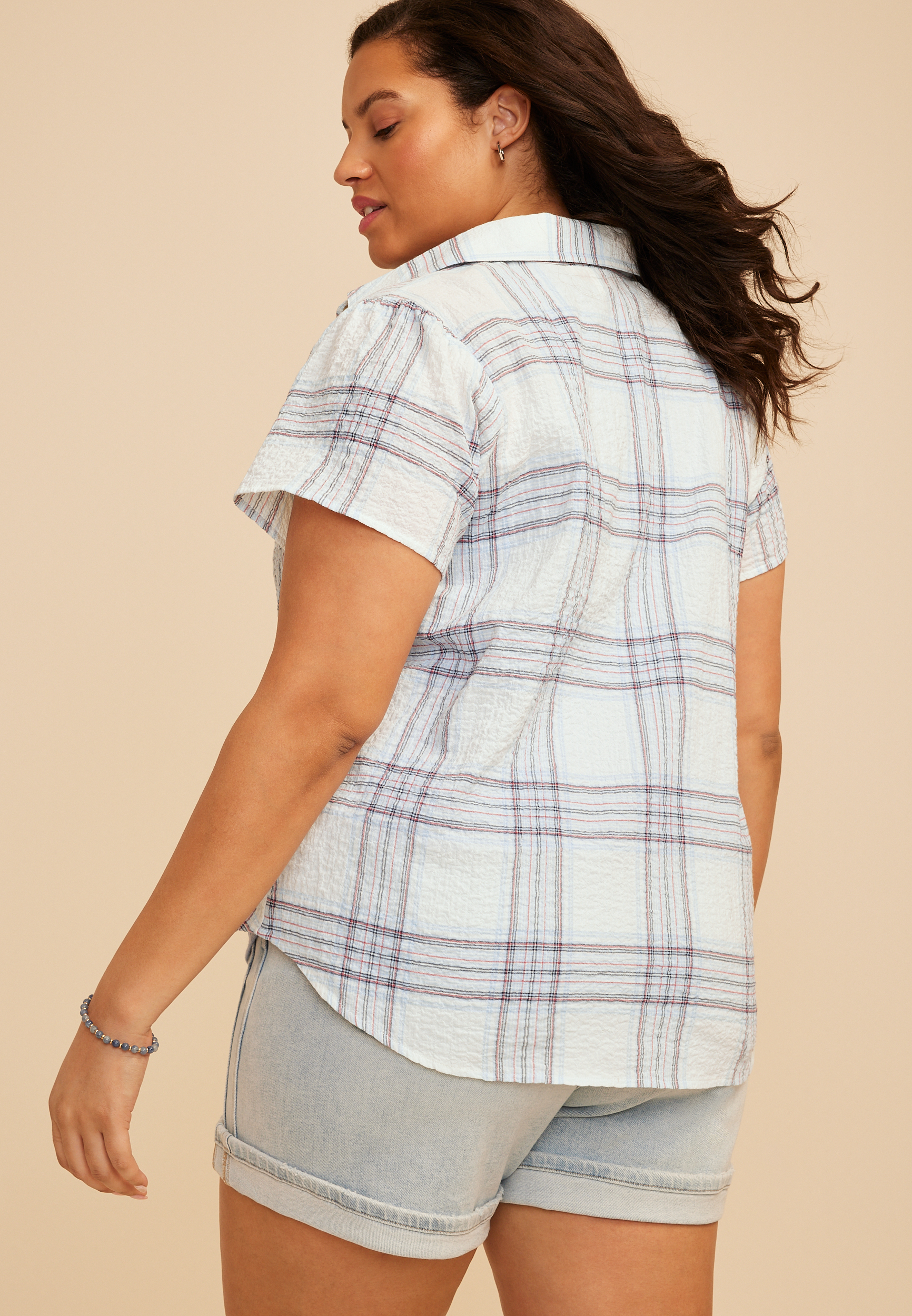 Plus Size Plaid Cinched Short Sleeve Button Down Shirt, C2380, large