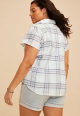 Plus Size Plaid Cinched Short Sleeve Button Down Shirt, C2380, small