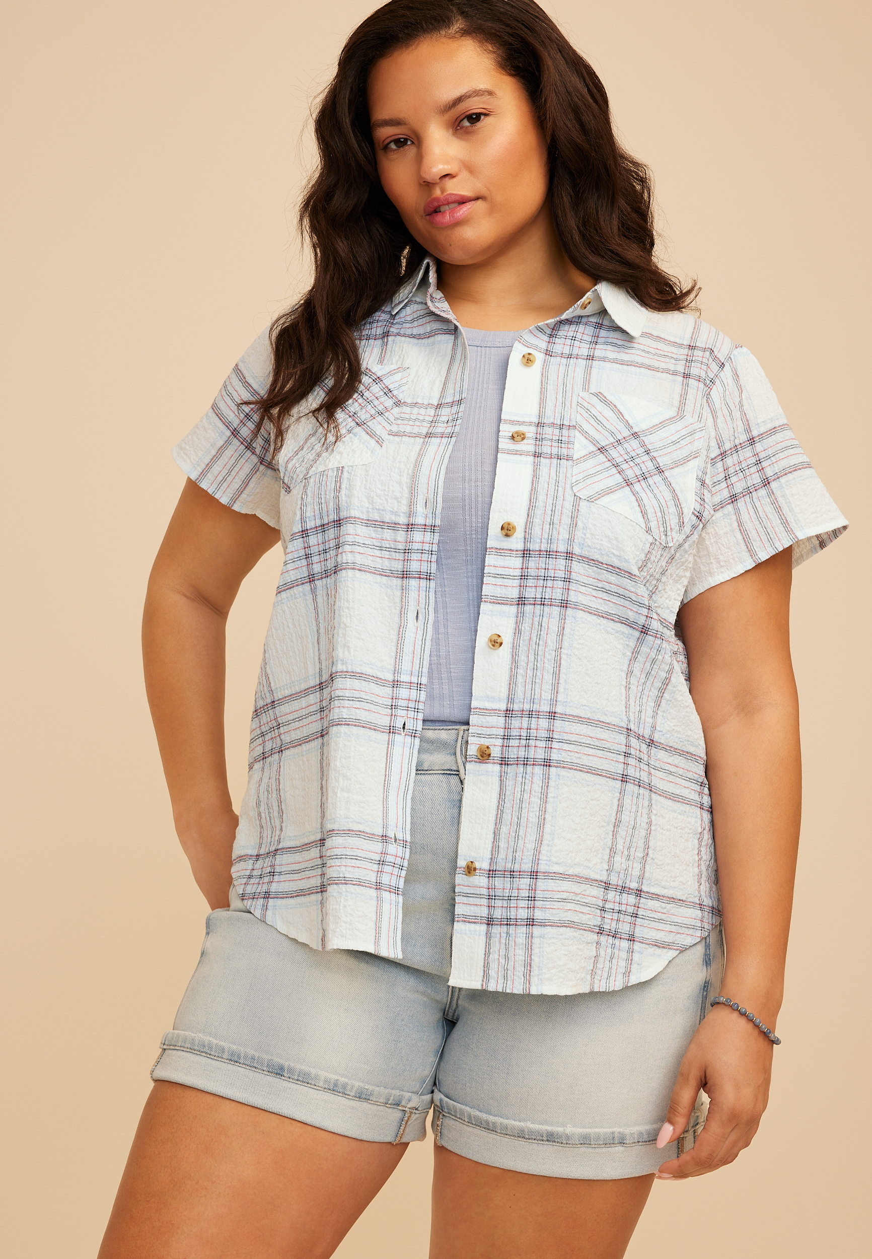 Plus Size Plaid Cinched Short Sleeve Button Down Shirt, C2380, large