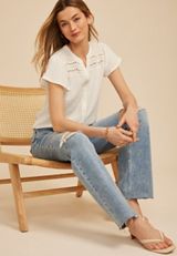 Clip Dot Lace Eyelet Trim Button Down Top, C4673, small