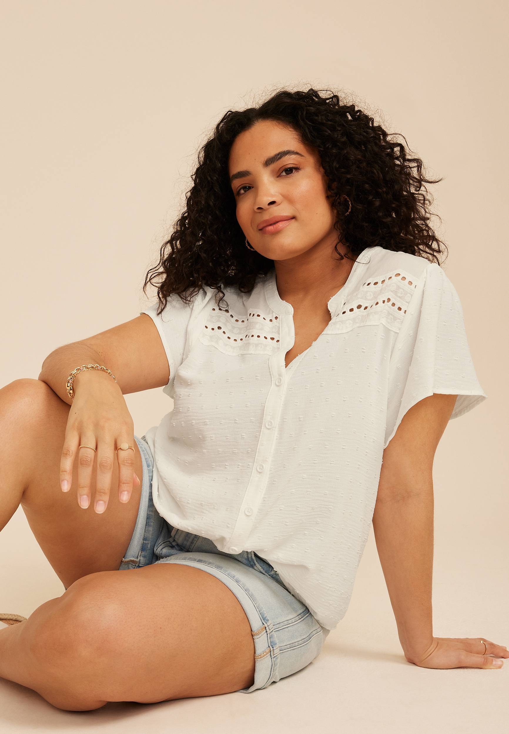 Plus Size Clip Dot Lace Eyelet Trim Button Down Top