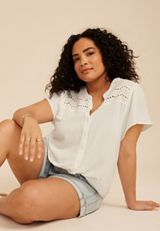 Plus Size Clip Dot Lace Eyelet Trim Button Down Top, C4673, small