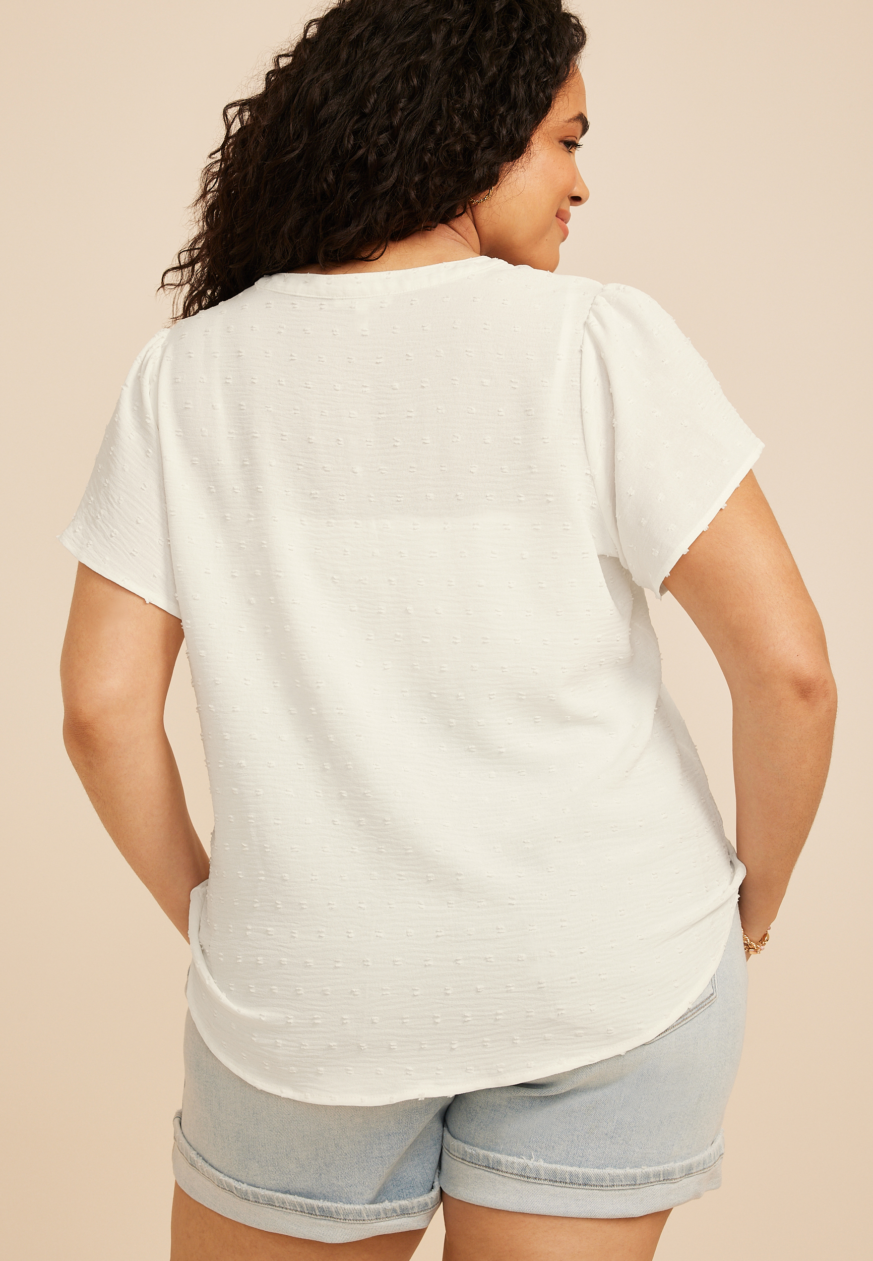 Plus Size Clip Dot Lace Eyelet Trim Button Down Top, C4673, large