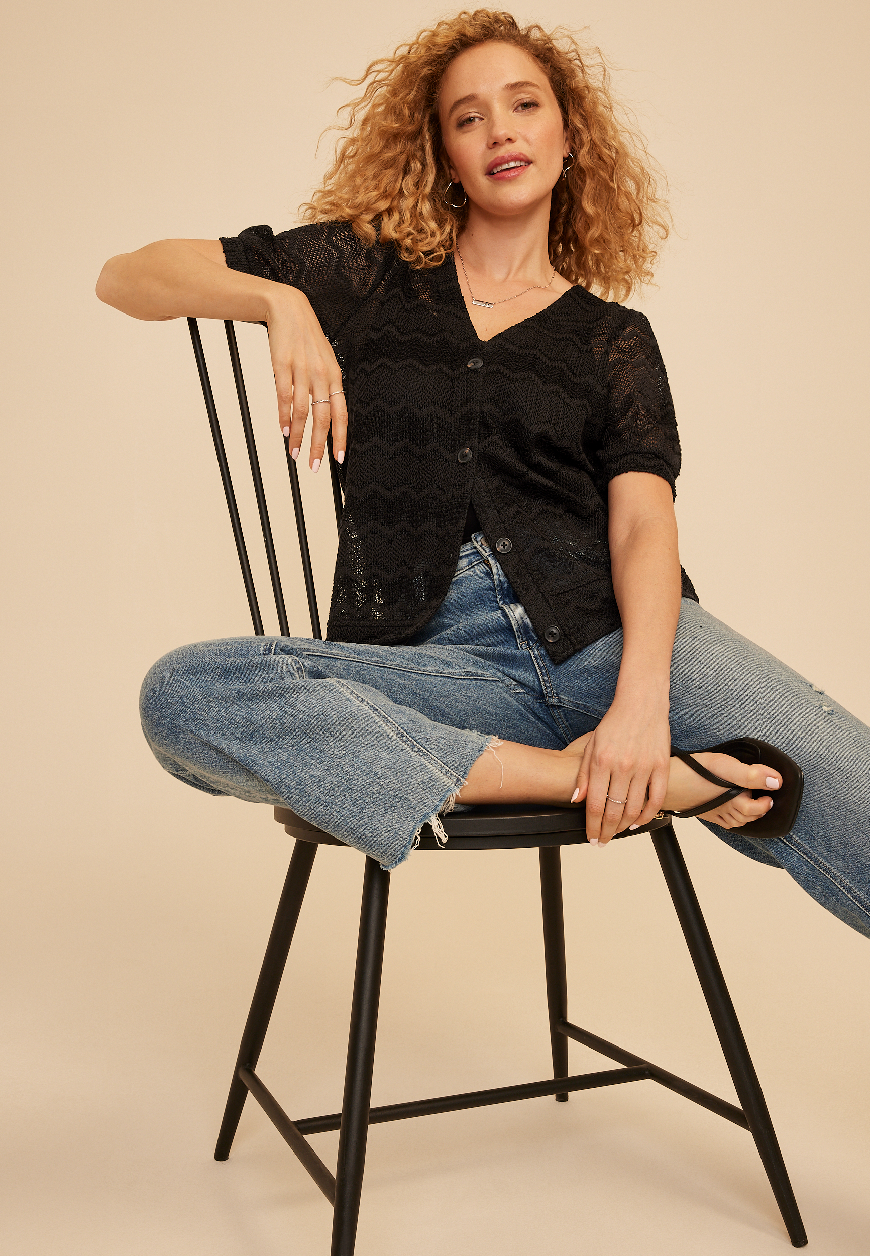 Textured Short Sleeve Button Front Cardigan