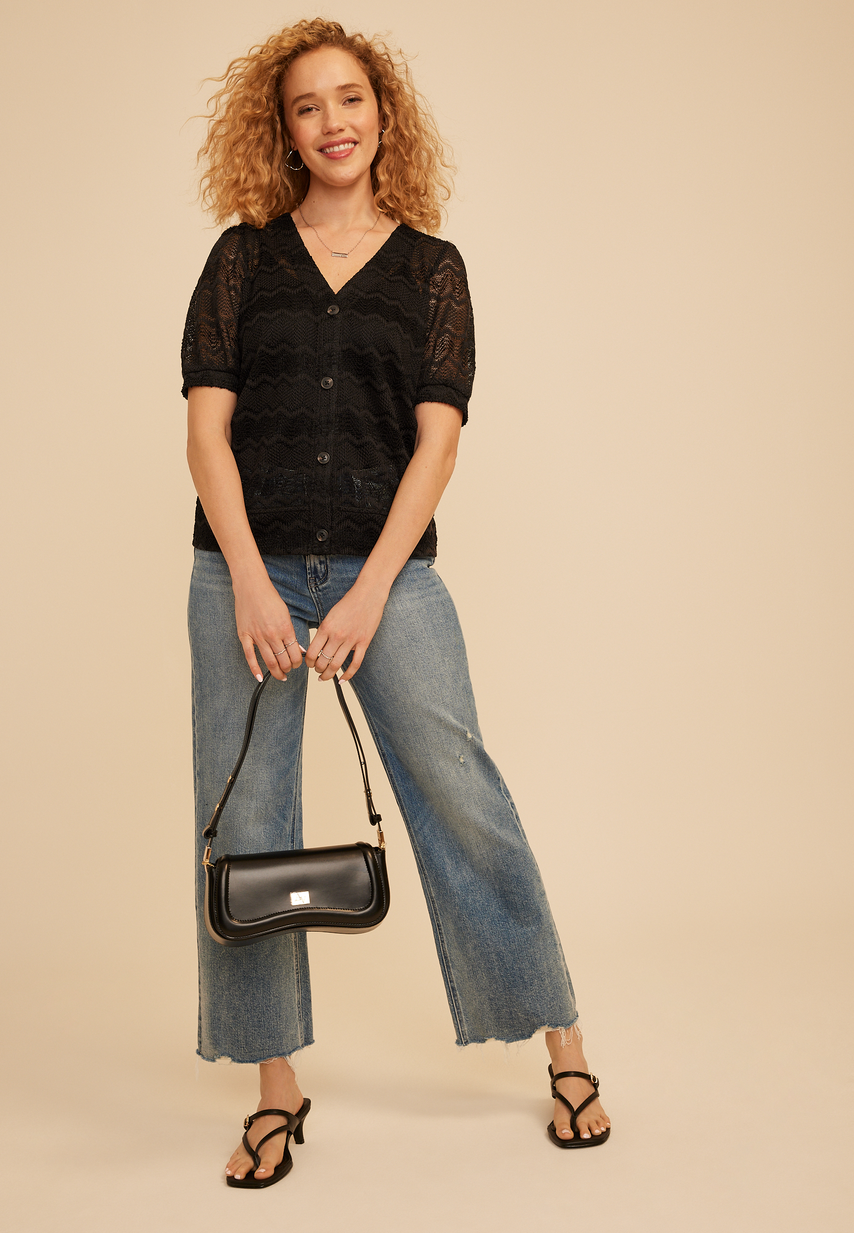 Textured Short Sleeve Button Front Cardigan - thumbnail 6